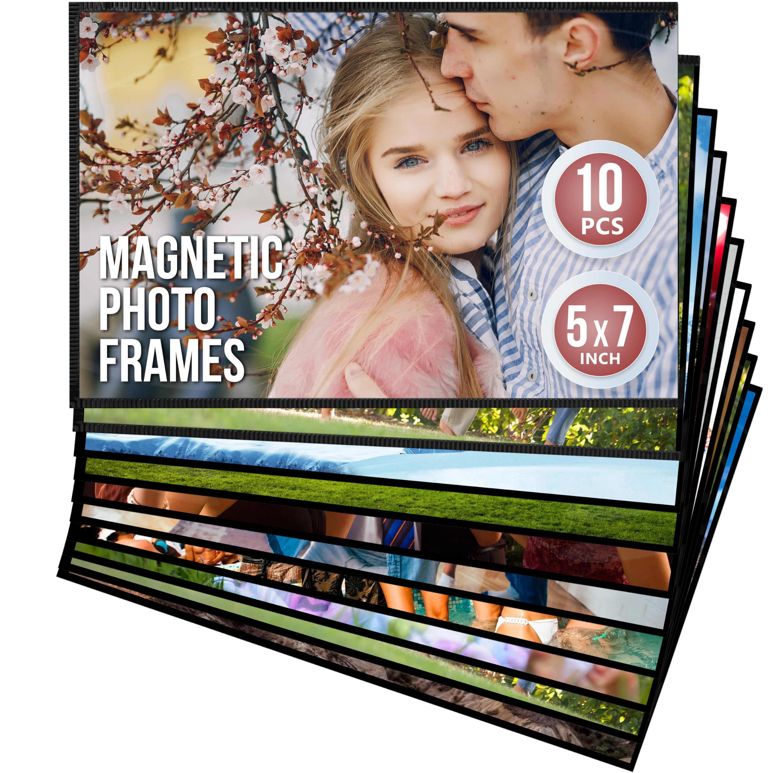 JUZARI 10 Pack 5x7 Magnetic Photo Frames for Refrigerator - Strong Hold Fridge Picture Frames - Waterproof Magnetic Photo Sleeves - Durable Magnetic Photo Pockets - Versatile Magnetic Picture Holders - Perfect for Lockers, Offices & Home Decor