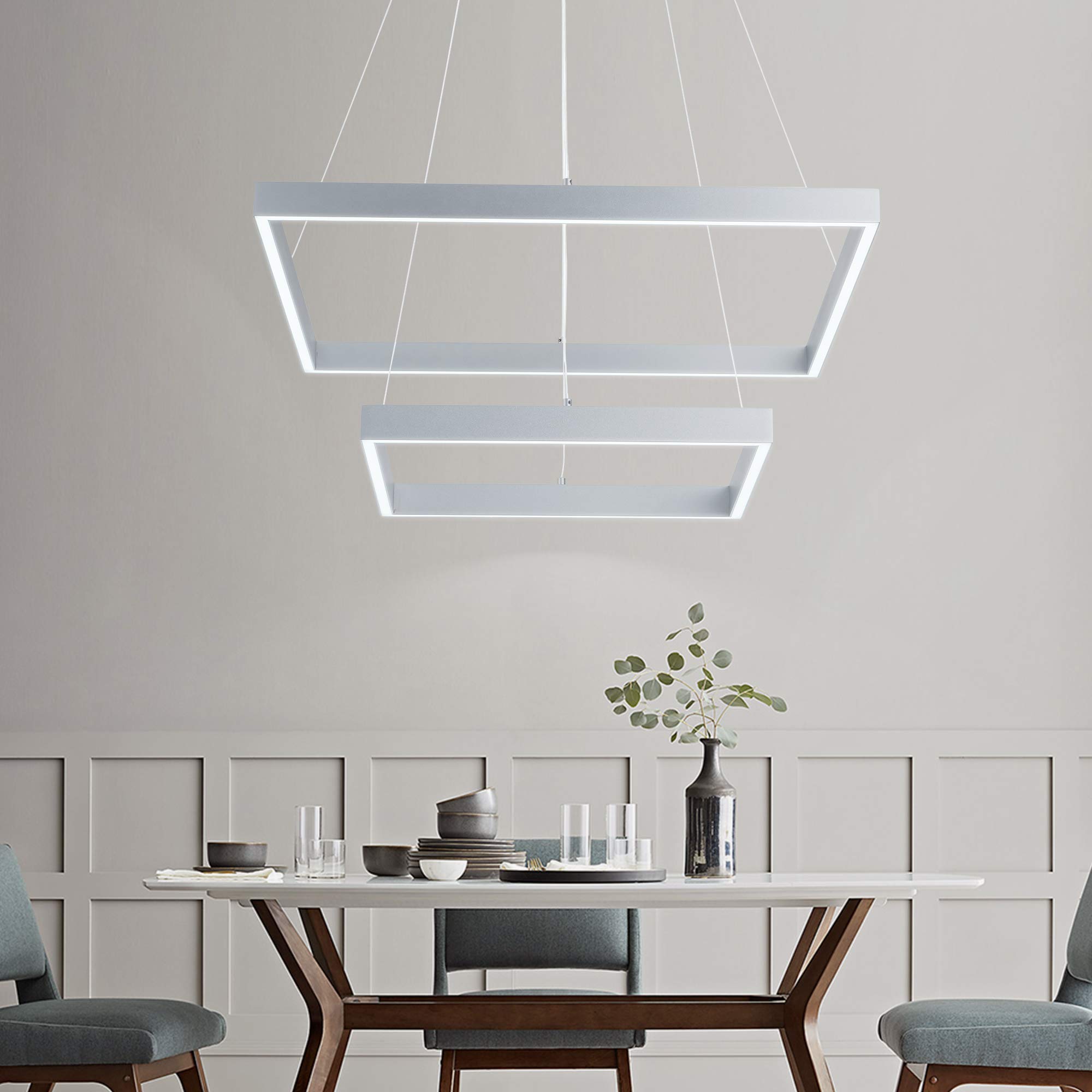 Modern 2-Tier LED Chandelier Pendant Light - Dimmable 6000K Cool White, Adjustable Ceiling Fixture (72W 110V, Silver) for Living Room, Bedroom, Kitchen & Dining Room | Elegant Lighting for Home Decor & Dinner Parties
