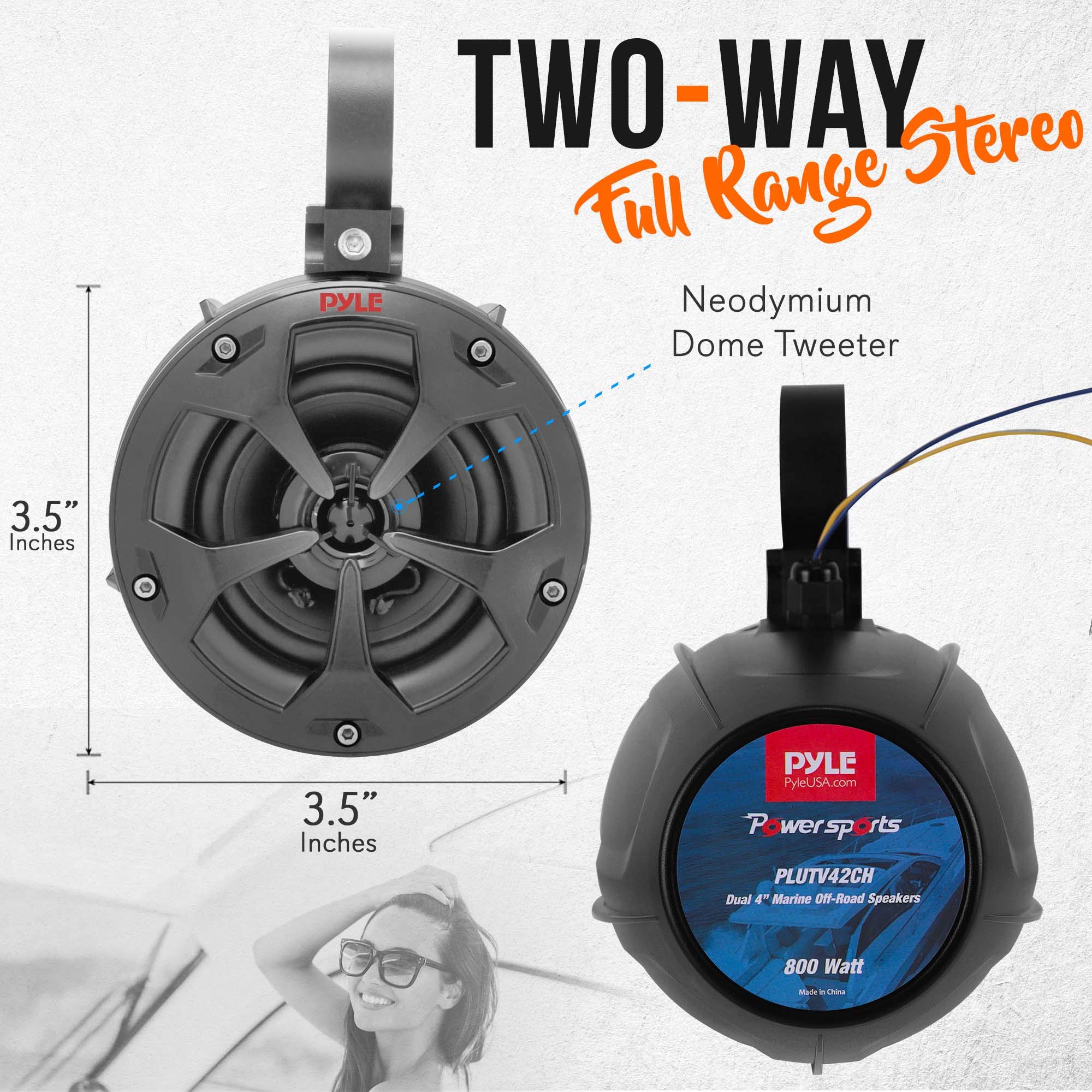 Pyle PLUTV42CH 4 Inch 800W 2-Channel Waterproof Marine Speakers with Built-in Amplifier - Off-Road ATV/UTV/Jeep/Boat Stereo System for Outdoor Adventures & Water Sports