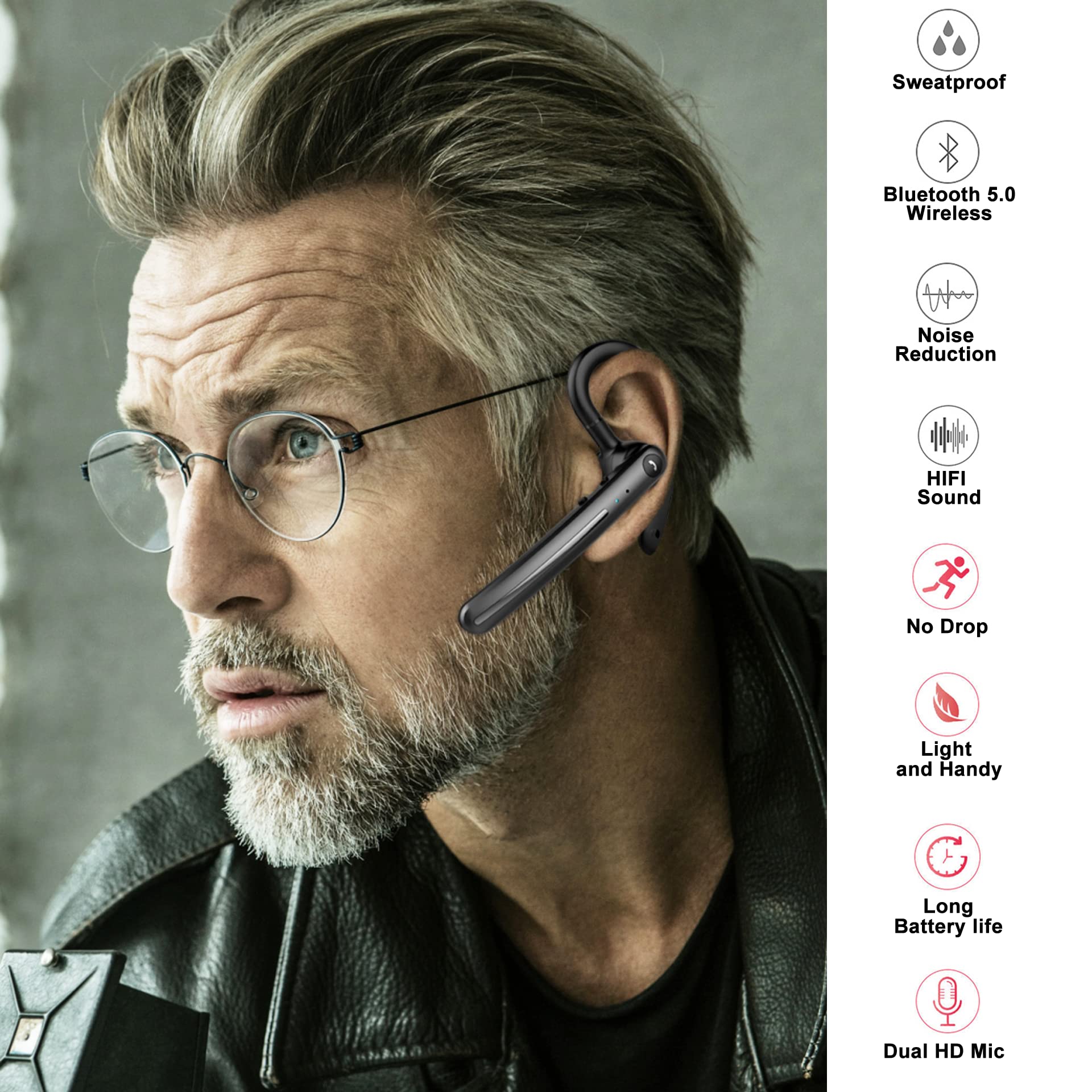 IHAO Single Ear Wireless Bluetooth Headset with Noise Cancelling, Stereo Sound & HD Mic - 16Hrs Battery Life for Hands-Free Calling - Comfortable In-Ear Design Perfect for Driving, Business, Office & Truckers - Stay Connected on the Road or at Work