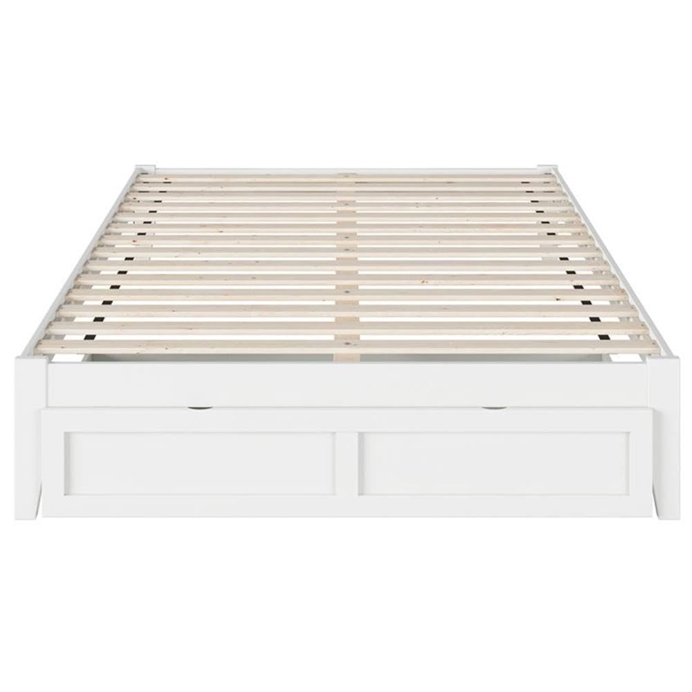 BOWERY HILL Modern Solid Wood Queen Bed with Foot Drawer in White - Stylish Storage Bed Frame for Small Bedrooms & Guest Rooms