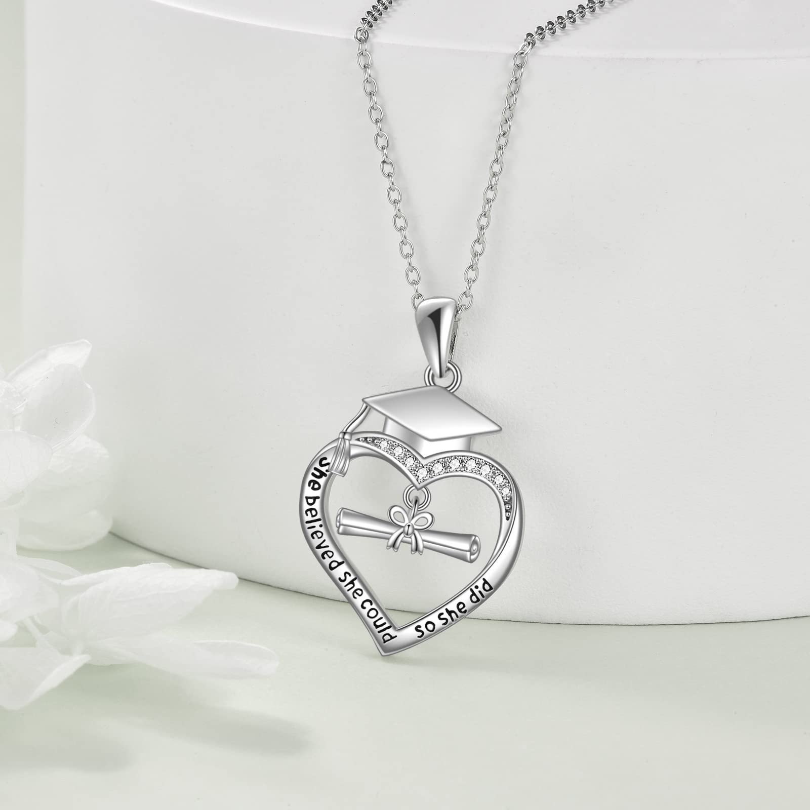 VONALA 925 Sterling Silver Heart Graduation Necklace with Bachelor's Hat Pendant - Elegant High School & College Graduation Gift for Women & Girls - Perfect for Commencement Ceremonies, Senior Photos & Graduation Parties