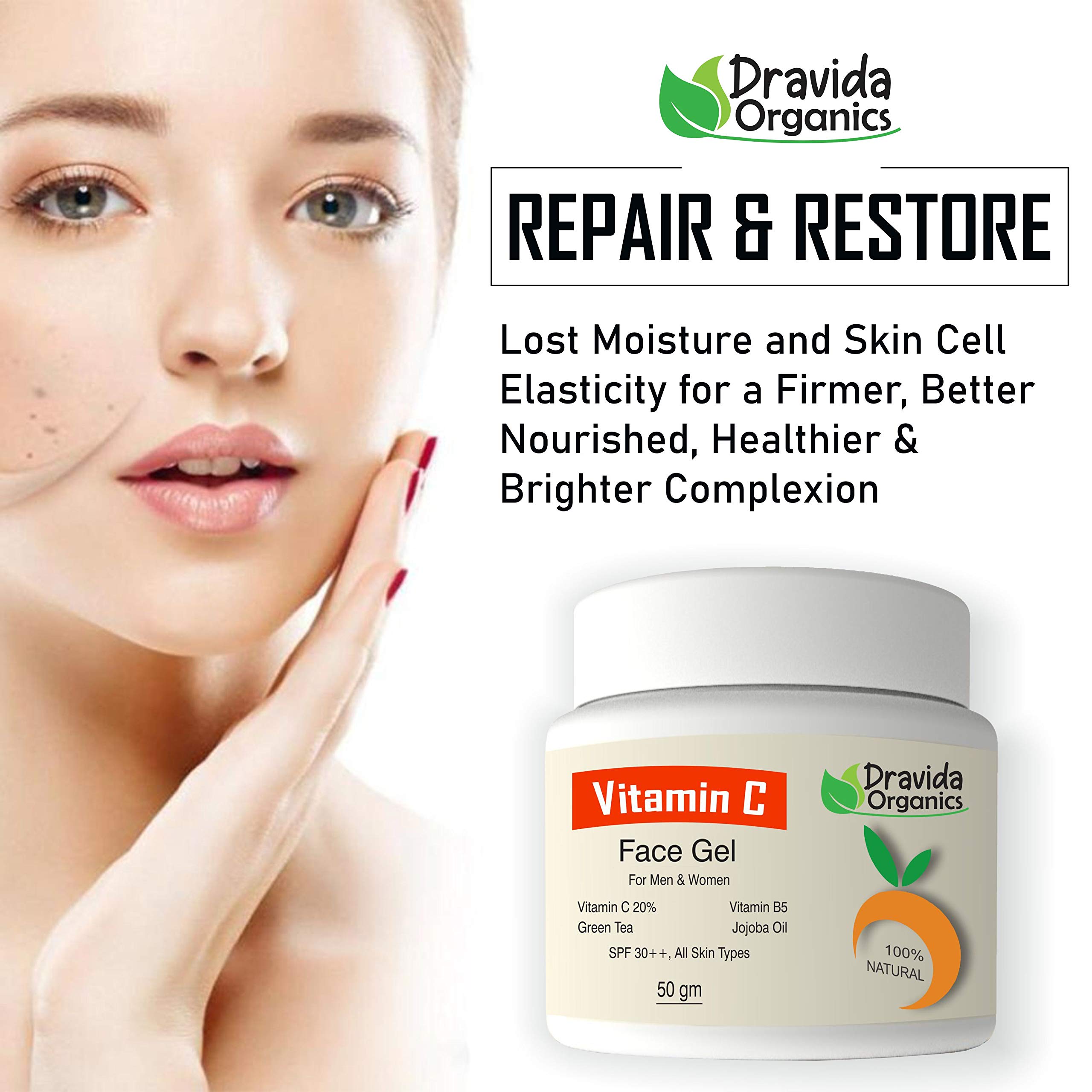 DRAVIDA ORGANICS Vitamin C Face Gel for Men & Women - 50gm Brightening & Hydrating Skincare - Perfect for Daily Use & Glowing Skin