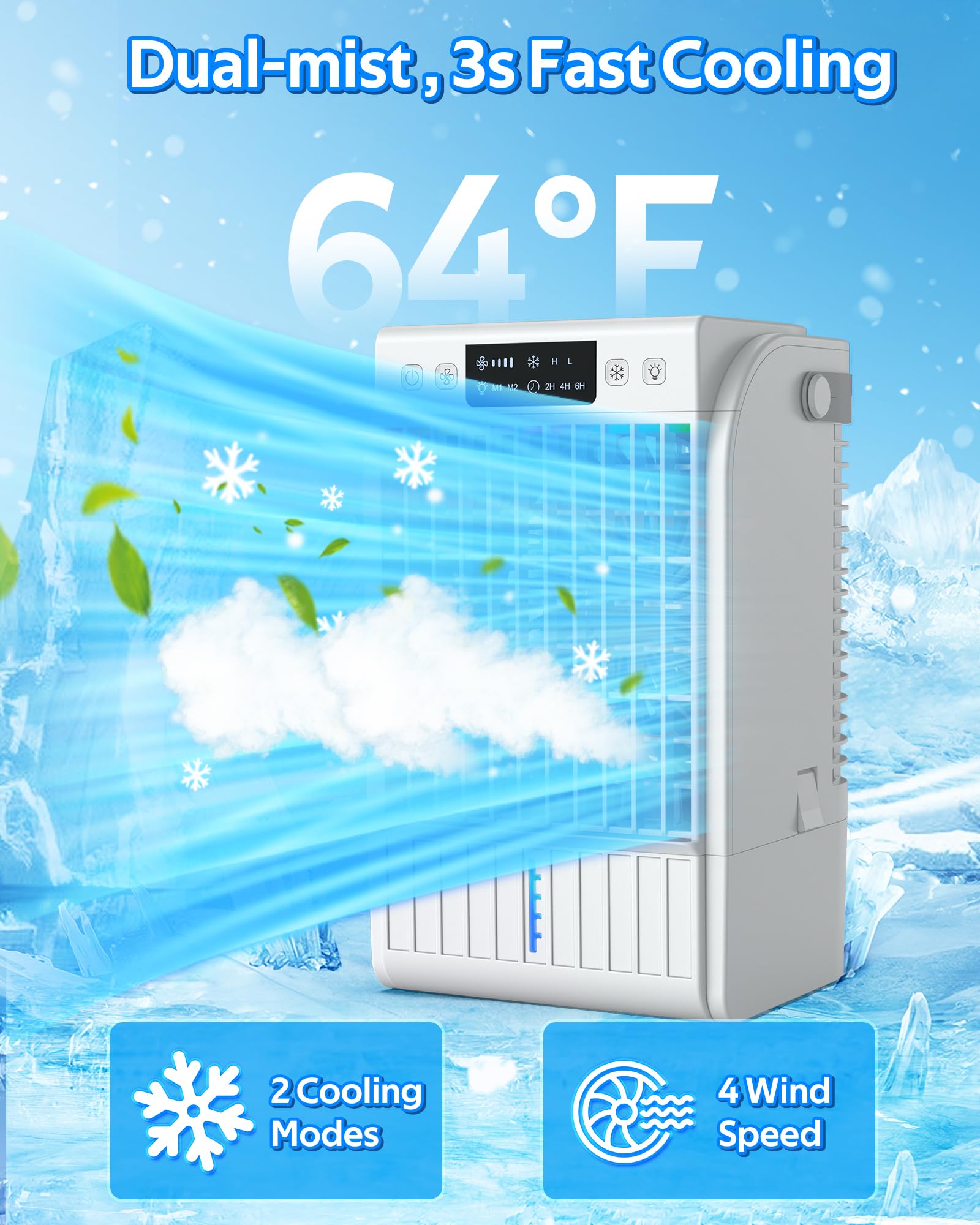 4-in-1 Portable Air Conditioner Fan with Humidifier - 1500ML Large Water Tank, 3 Speed Settings | Personal Cooling Fan for Home, Office, Car & Outdoor Use | Compact Evaporative Cooler for Bedroom, Camping, Travel & Hot Summer Days | Ideal for Small Spaces, Dorm Rooms, Workspaces & Summer Heat Relief