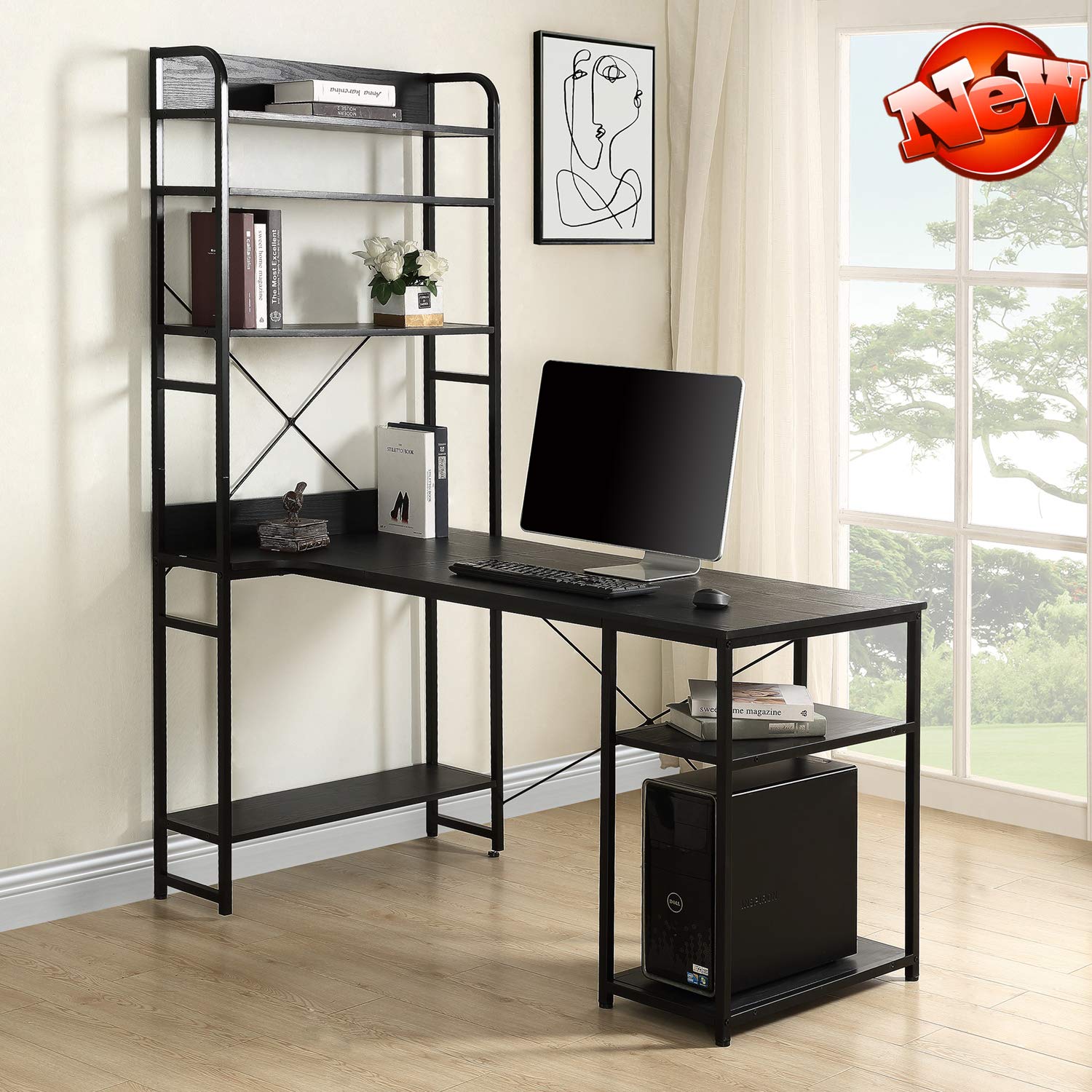 TYNAWYNW Sturdy Modern Office Computer Desk with Multiple Storage Shelves & Bookshelf - Large Home Office Writing Table, Study Desk for Laptop, Notebook - Durable & Stable Workspace Solution (Black) - Perfect for Home Office, Study Room & Small Spaces