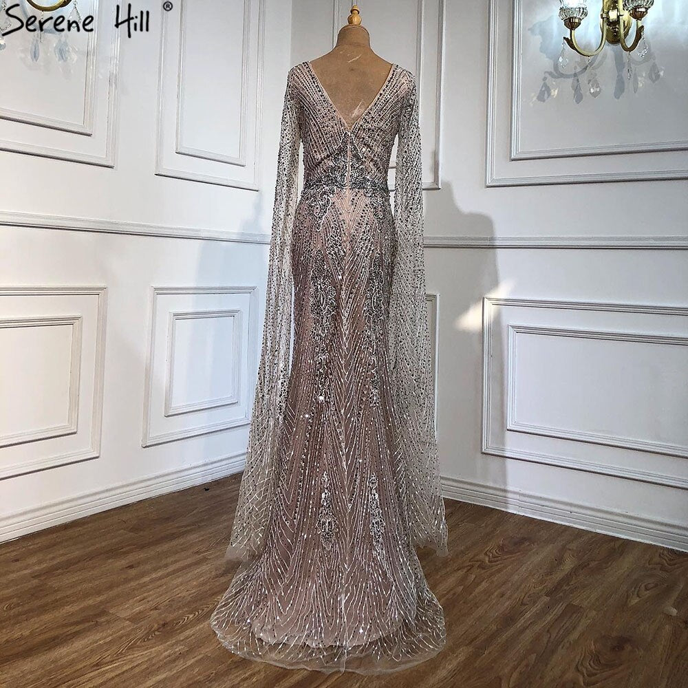 Serene Hill Luxury Grey Lace Elegant Mermaid Evening Gown with Cape Sleeves - Women's Sexy Formal Dress for Prom, Wedding, Gala & Special Occasions