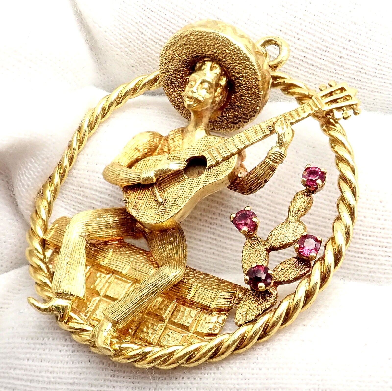 Authentic Rudi Cherny 18k Yellow Gold Guitar Player Cactus Ruby Pendant Necklace - Perfect for Music Lovers & Western Style Jewelry Gifts