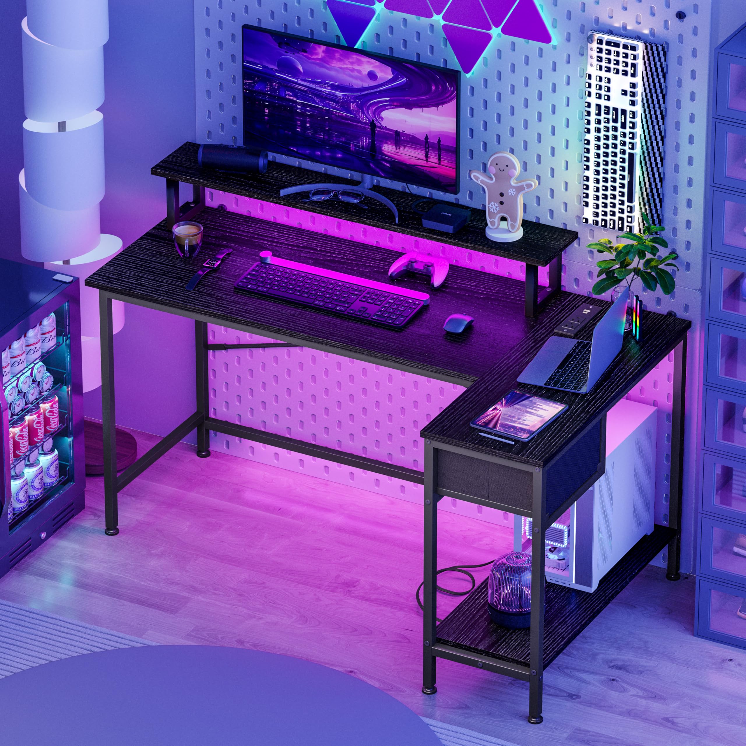 Fixwal L-Shaped Gaming Desk with Power Outlets & LED Lights - Compact Corner Computer Desk for Small Spaces, Home Office Desk with Drawer, Black | Perfect for Bedroom Gaming Setup, Study & Workstation Organization