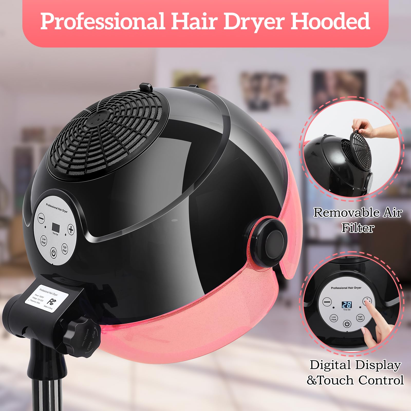 1500W Professional Hooded Hair Dryer with 3 Heat Settings & Timer - Touch Control Stand-Up Blow Dryer for Salon & Home Use (Pink) | Perfect for Curly Hair, Perms & Deep Conditioning Treatments
