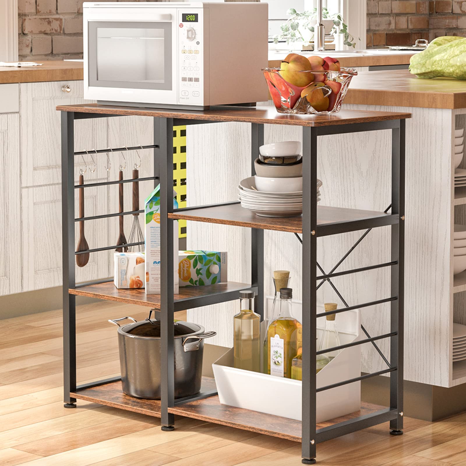 SogesGame Retro Kitchen Bakers Rack with Storage - Microwave Oven Stand, Utility Shelf, Coffee Station - Perfect for Home Kitchen Organization & Small Space Solutions