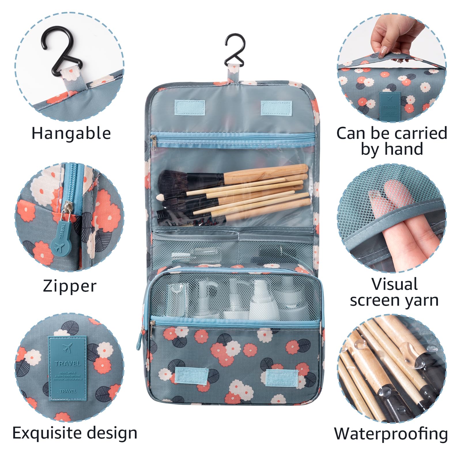OrgaWise Hanging Toiletry Bag for Women - Waterproof Travel Makeup Organizer Pouch with Hooks, Portable Cosmetic Bag for Shower, Gym, Camping & Vacation Essentials