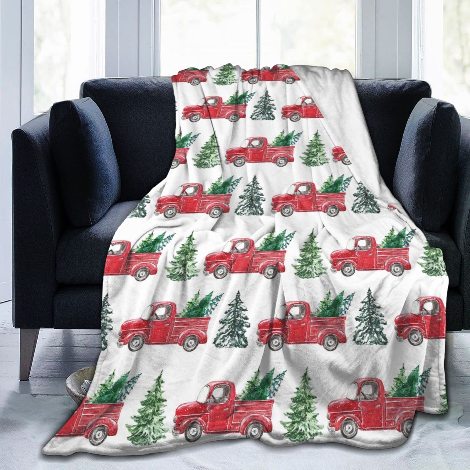 Red Truck Cedar Christmas Throw Blanket - 60''x50'' Soft Flannel Cozy Quilt for Couch, Sofa & Living Room | Perfect Holiday Gift for Kids & Family | Festive Winter Home Decor