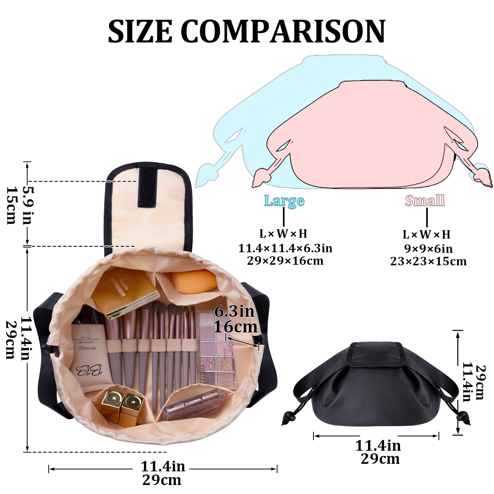 Large Leather Drawstring Makeup Organizer Bag - Waterproof Travel Cosmetic & Toiletry Pouch for Women's Brushes & Accessories (Black) - Perfect for Vacation, Gym, Daily Use & On-the-Go Organization