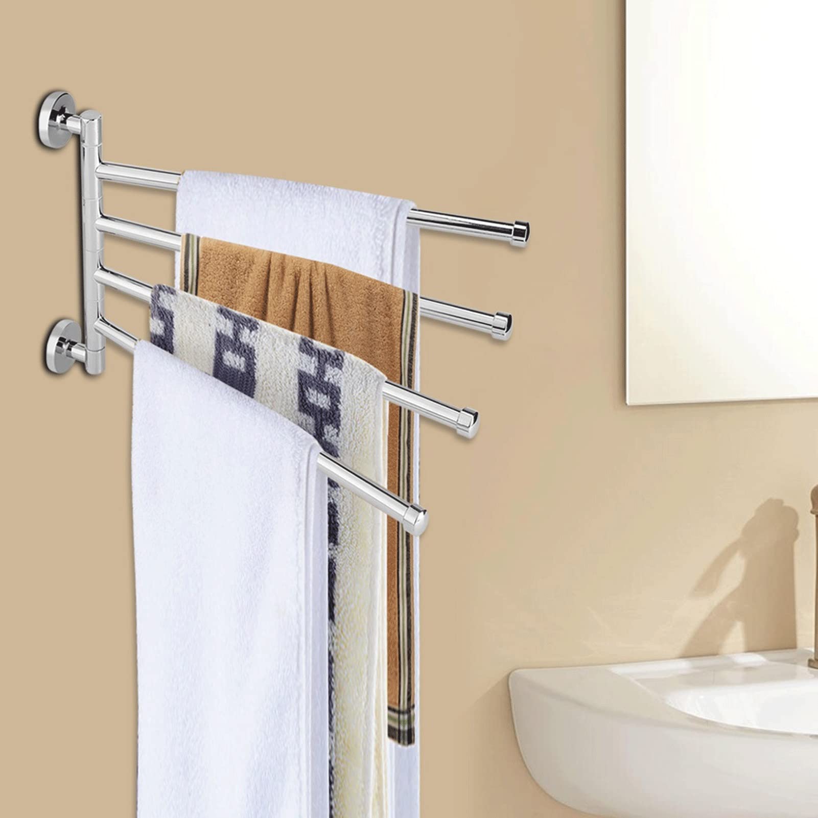 4-Swing Arm Stainless Steel Towel Rack - 180° Rotation Wall Mounted Bathroom & Kitchen Organizer (14.17 Inch, Silver) - Perfect for Bathrooms, Kitchens, Laundry Rooms & Spa Areas