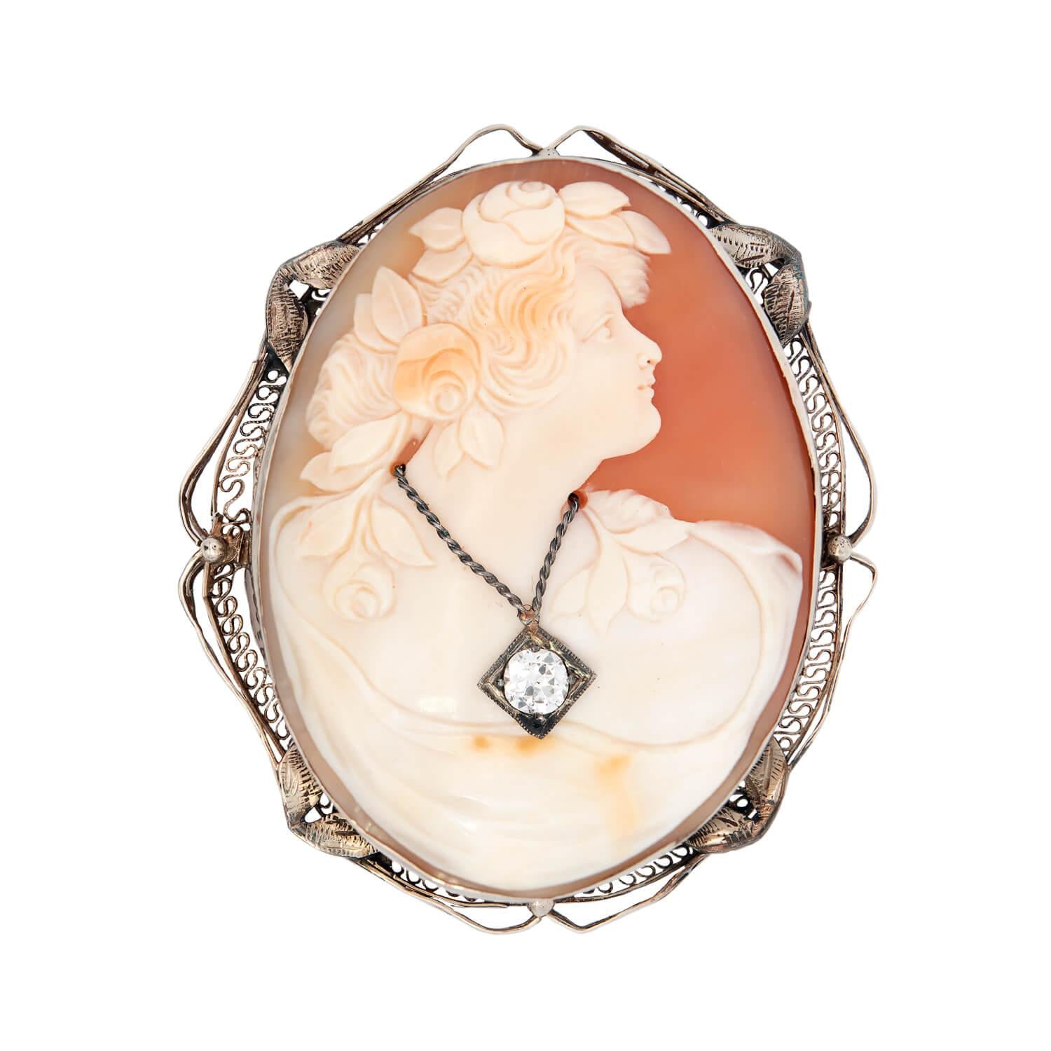 Victorian 14K Gold Diamond Cameo Pin & Pendant - Elegant Antique Jewelry for Bridal, Formal Events & Vintage Collections