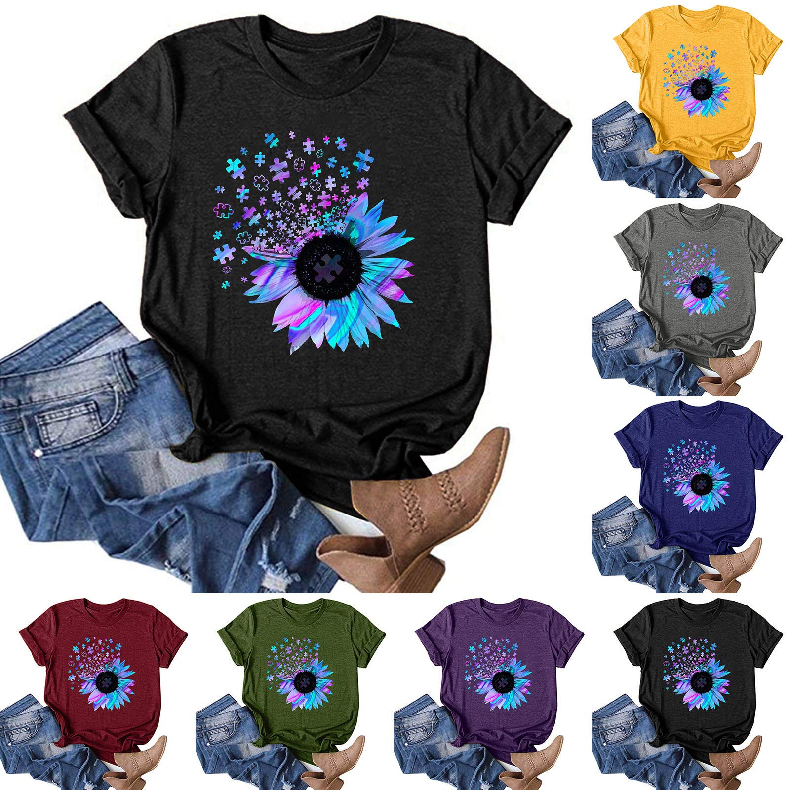 VEKDONE Women's Summer Casual Short Sleeve Sunflower Graphic T-Shirt - Loose Fit Workout Top & Everyday Blouse - Perfect for Gym, Yoga, Beach Outings & Casual Wear
