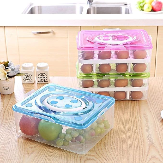 32 Grid Double Layer Plastic Egg Storage Box with Lid & Tray - Refrigerator Organizer for Eggs, Fruits & Vegetables | Kitchen Food Container for Home & Restaurant Use