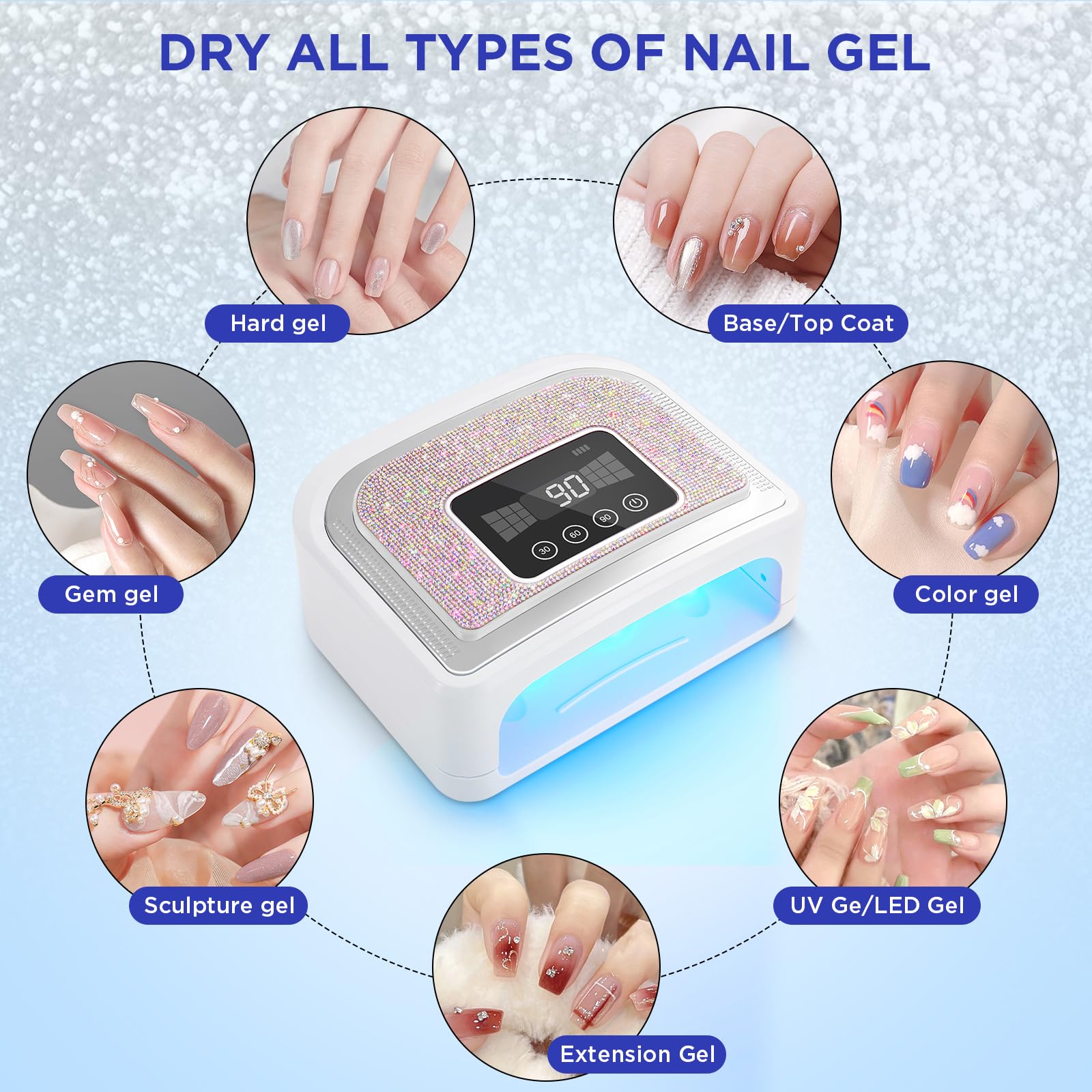 120W Cordless UV LED Nail Lamp for Gel Nails - Rechargeable with 4 Timer Modes & Sparkling Rhinestone Design | Perfect for Home Manicures, Salon Nail Art & Gel Polish Curing