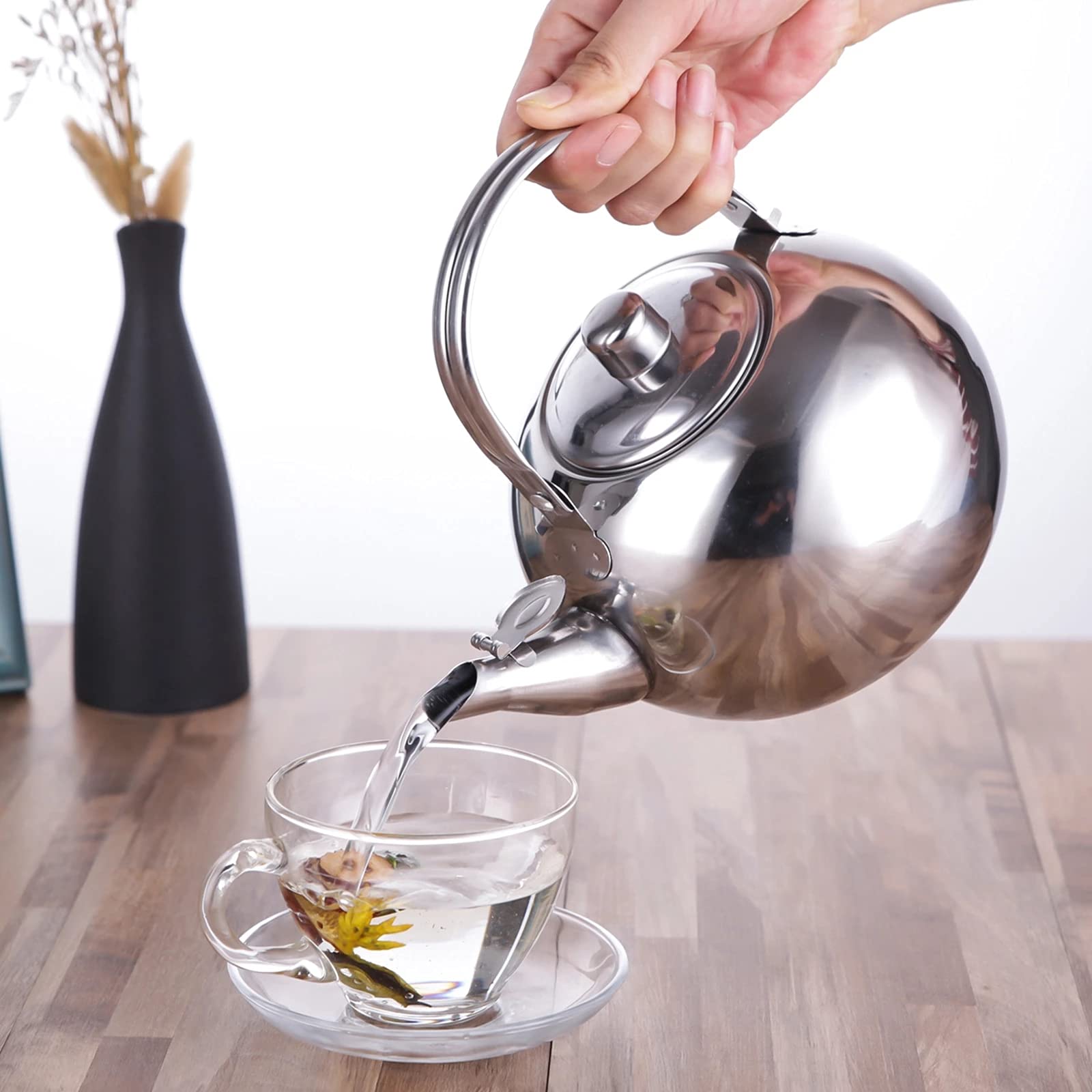 1Pc Stainless Steel Tea Kettle - Large Capacity Portable Teapot with Filter Screen for Kitchen, Camping & Office Use (Silver)