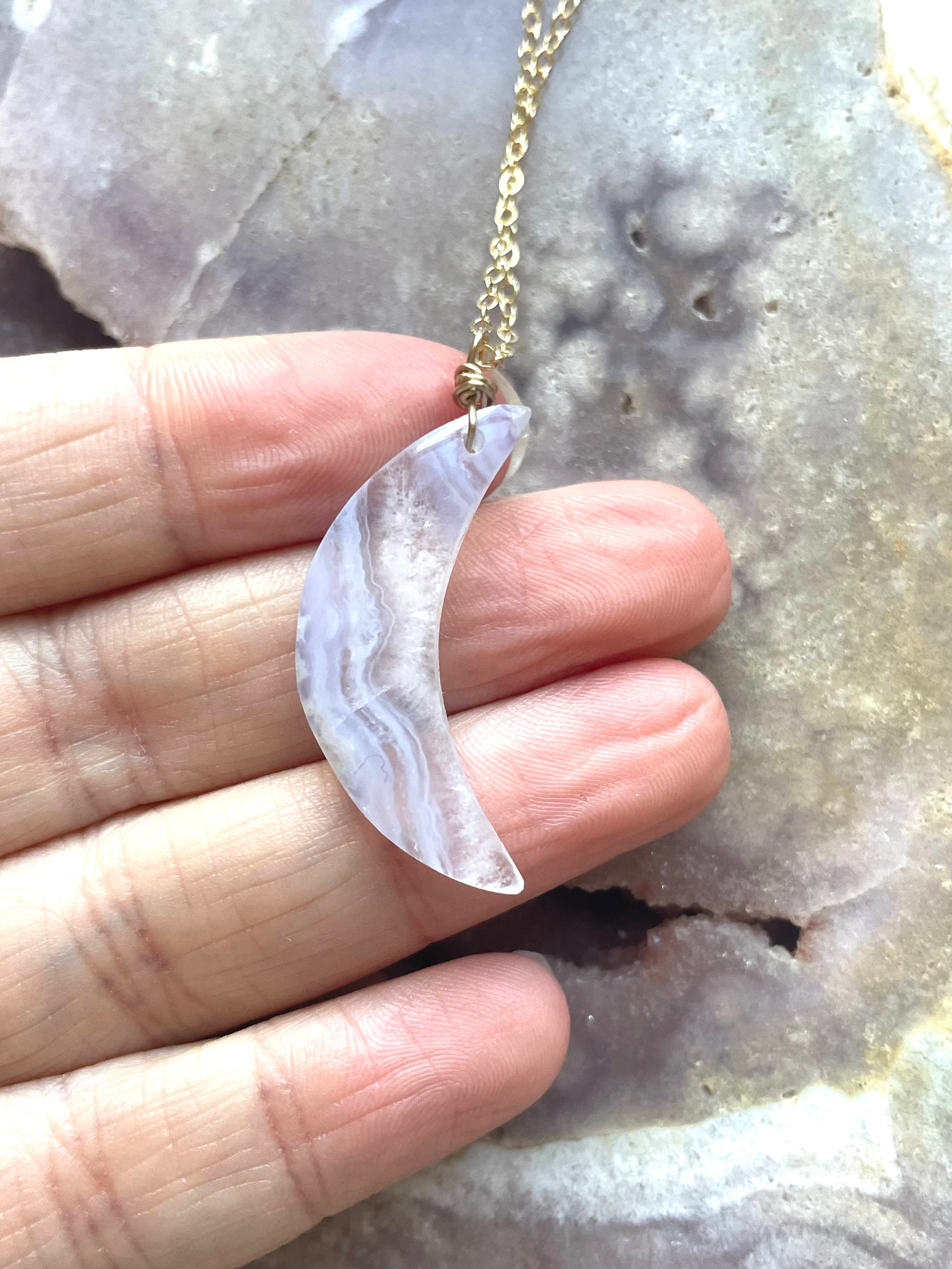 Blue Lace Agate Crescent Moon Necklace - Healing Crystal Pendant for Women | Boho Chic Jewelry for Meditation, Yoga & Spiritual Protection
