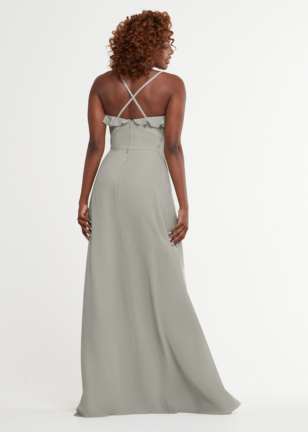 Elegant 80174 Chiffon A-Line Bridesmaid Dress with Ruffles & High Slit - Perfect for Weddings, Formal Events & Prom - Plus Size Options Available