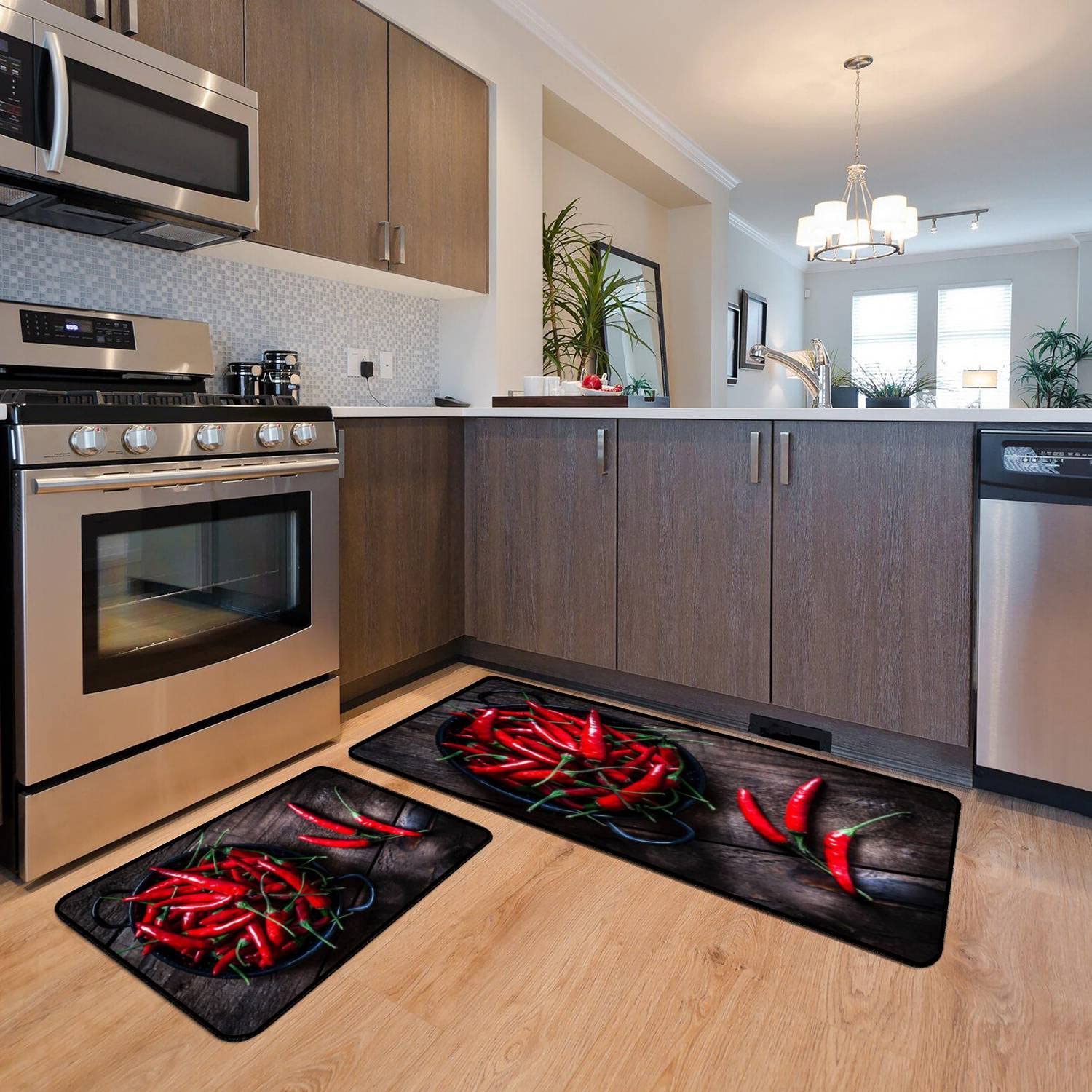 Non-Slip Washable Kitchen Rugs Set - Red Chili Peppers Design on Rustic Wooden Table, Anti-Fatigue Floor Mat for Cooking & Decor - Perfect for Kitchen, Entryway, Bathroom & High-Traffic Areas