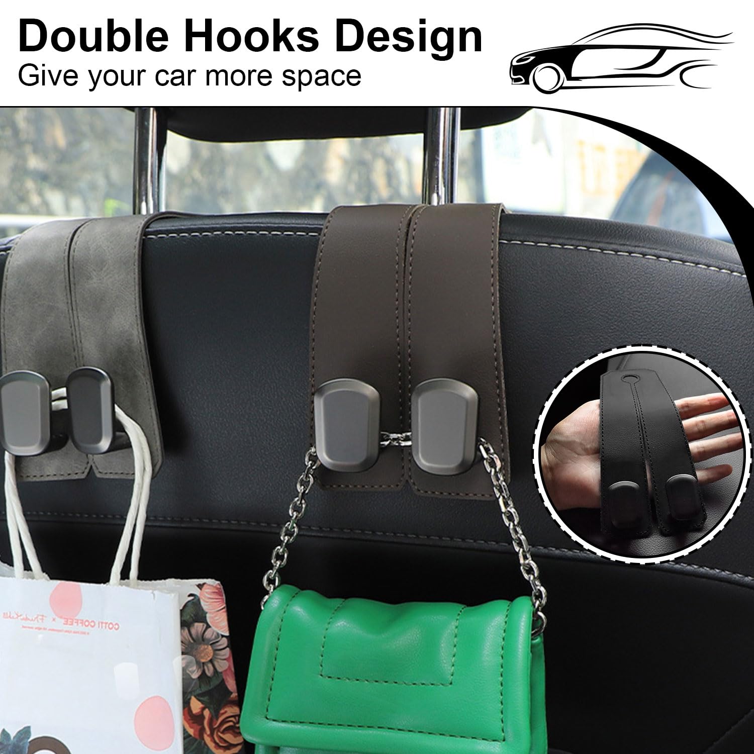 Elegananccy 2 Pack Premium Leather Car Seat Headrest Hooks - Heavy Duty Purse Hanger & Bag Holder for Women - Car Organizer Accessories for Handbags, Groceries & Shopping Bags (Black) - Perfect for Road Trips, Commuting & Daily Errands