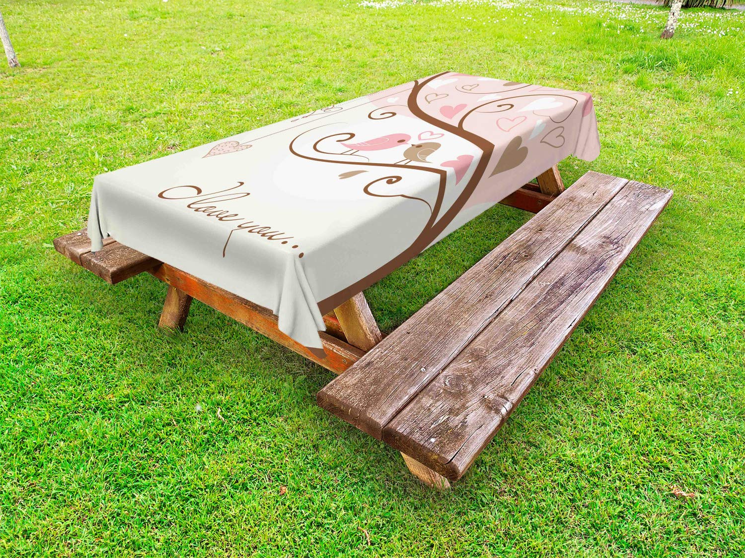 Ambesonne Romantic Outdoor Tablecloth with Birds & Heart Design - Washable Picnic Table Cover 58x120 Inches - Blush Brown Beige for Garden Parties, Picnics, and Outdoor Dining