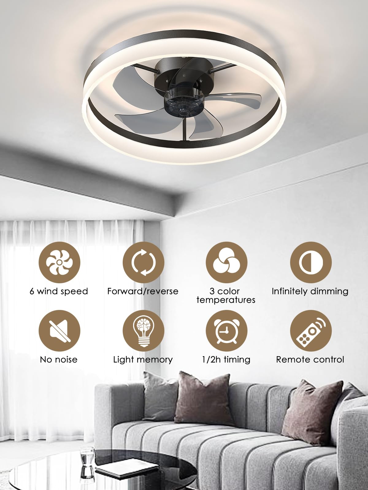 Low Profile Ceiling Fan with Light and Remote Control - 5 Invisible Blades, Dimmable LED, Reversible Blades, Timer Function - Semi Flush Mount Black Ceiling Fan for Bedroom, Living Room, and Office
