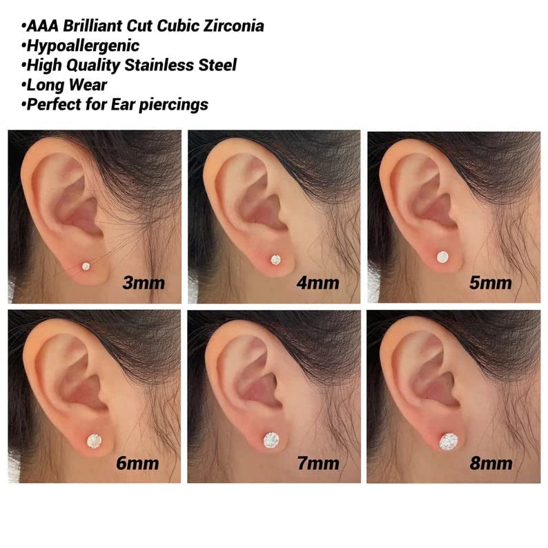 Hypoallergenic Stainless Steel Stud Earrings for Women & Men - Cubic Zirconia Silver Earrings Set Multipack | Perfect for Daily Wear, Gifts & Special Occasions