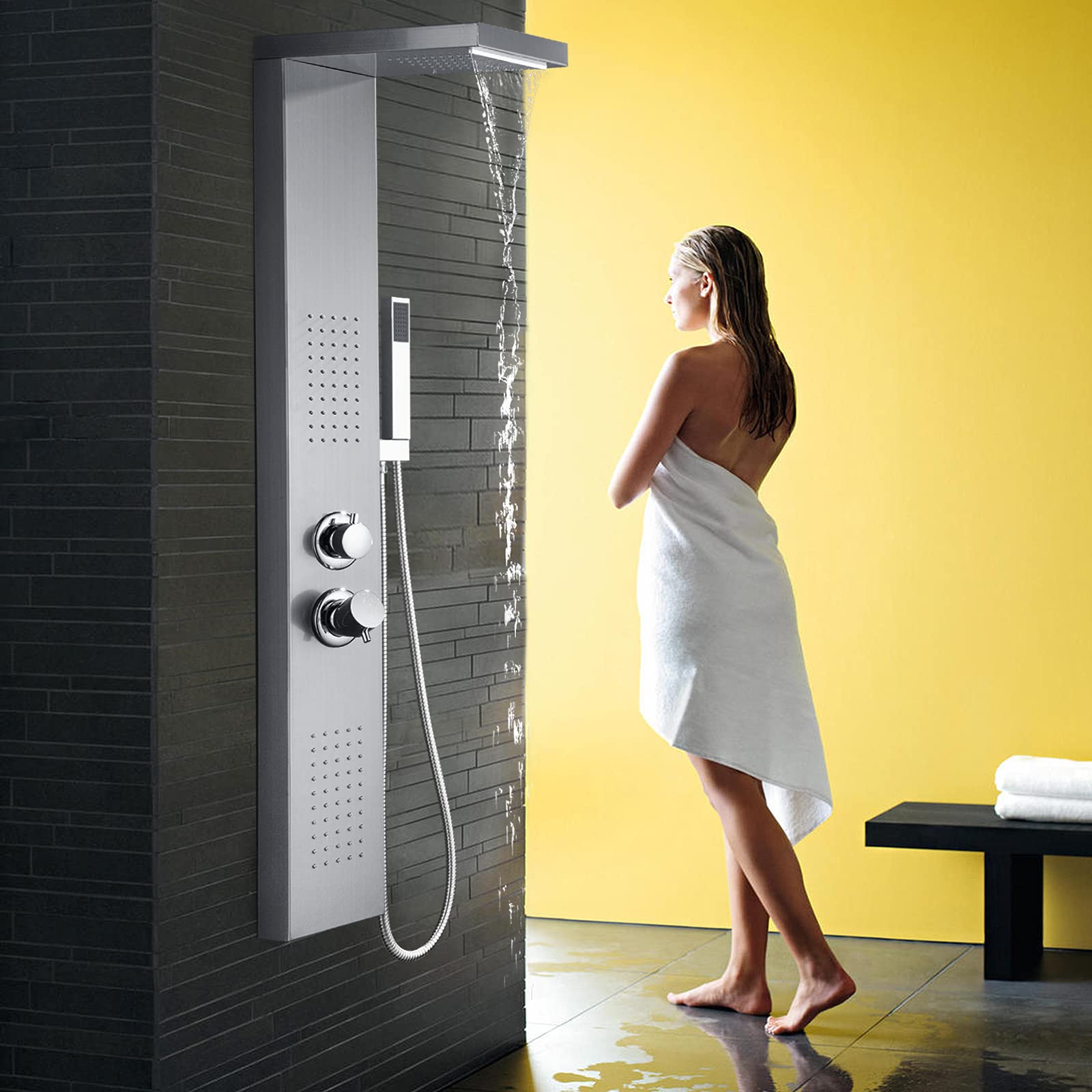 UISEBRT Stainless Steel Hydromassage Shower Panel - 4 Function Shower System with Fixed Showerhead, Massage Jets, Handheld Shower & Bath Spout (Silver) | Perfect for Spa-Like Bathroom Upgrades & Luxury Home Renovations