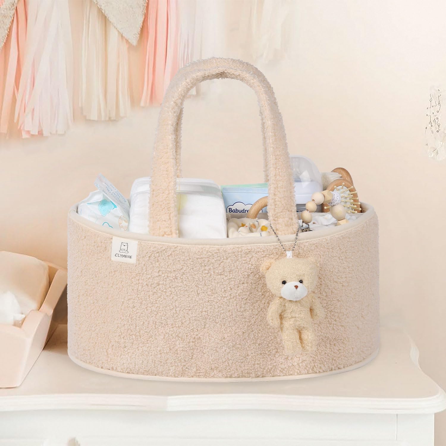 CLYMENE Baby Diaper Caddy Organizer - Portable Nursery Storage Basket for Diapers, Wipes & Baby Essentials | Newborn Changing Table Organizer | Perfect Baby Shower Gift & Registry Item | Travel Diaper Tote Bag for Car & Home Use - Ivory
