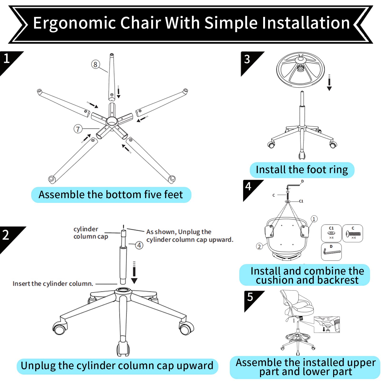Ergonomic Drafting Chair with Lumbar Support & Foot Ring - Adjustable Swivel Task Chair for Standing Desk - Black - Perfect for Office, Home Office & Studio Workspaces