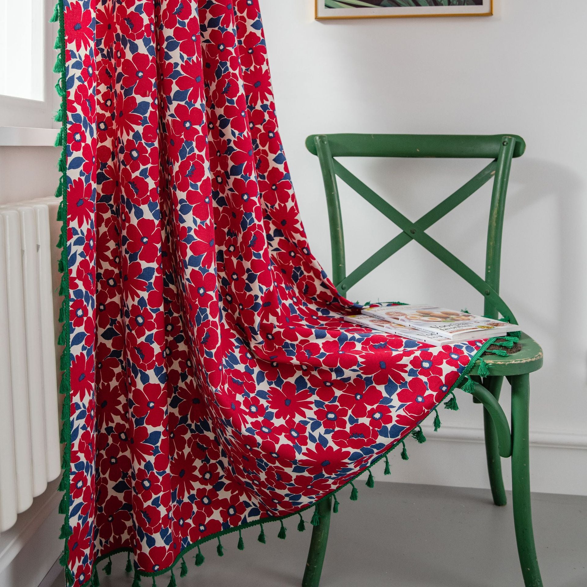 Elodie Red Floral Blackout Custom Curtains with Tassels - Perfect for Bedroom & Living Room Window Treatments