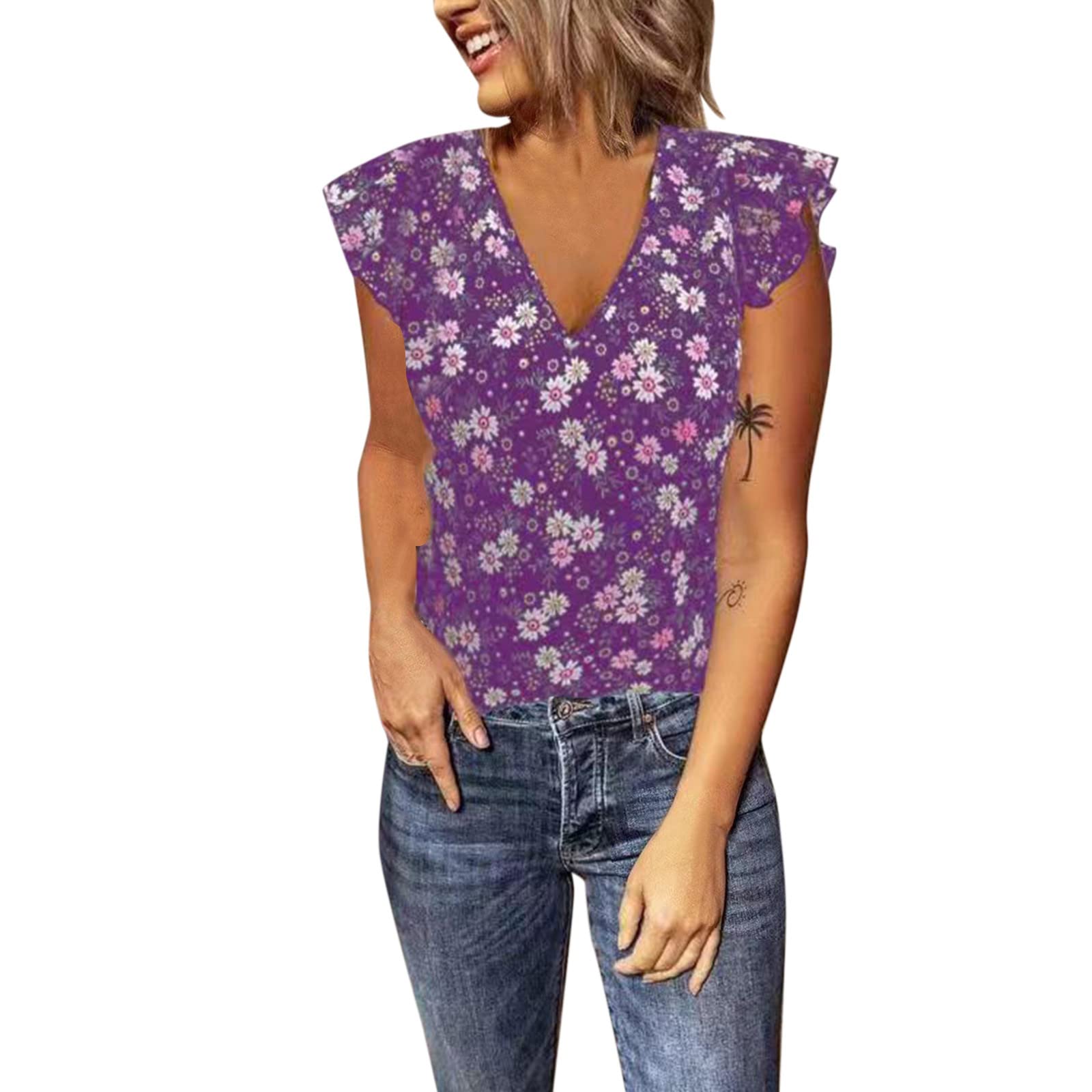 Women's Floral Print Ruffle Sleeveless V-Neck Summer Top - Comfortable Casual Blouse for Outdoor Activities, Beach Wear & Daily Fashion
