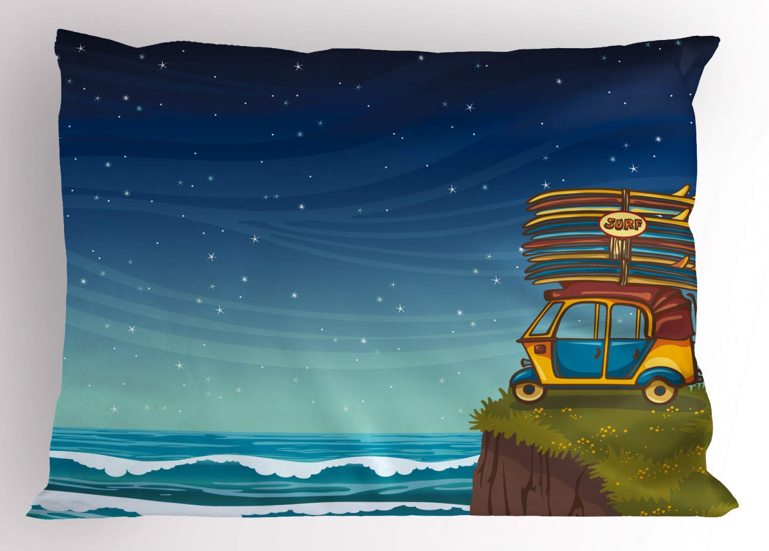 Ambesonne Ocean Themed Pillow Sham - Cartoon Car with Surfboards, Blue Night Ocean Waves, Summer Island Print - Decorative Standard Queen Size Pillowcase (30
