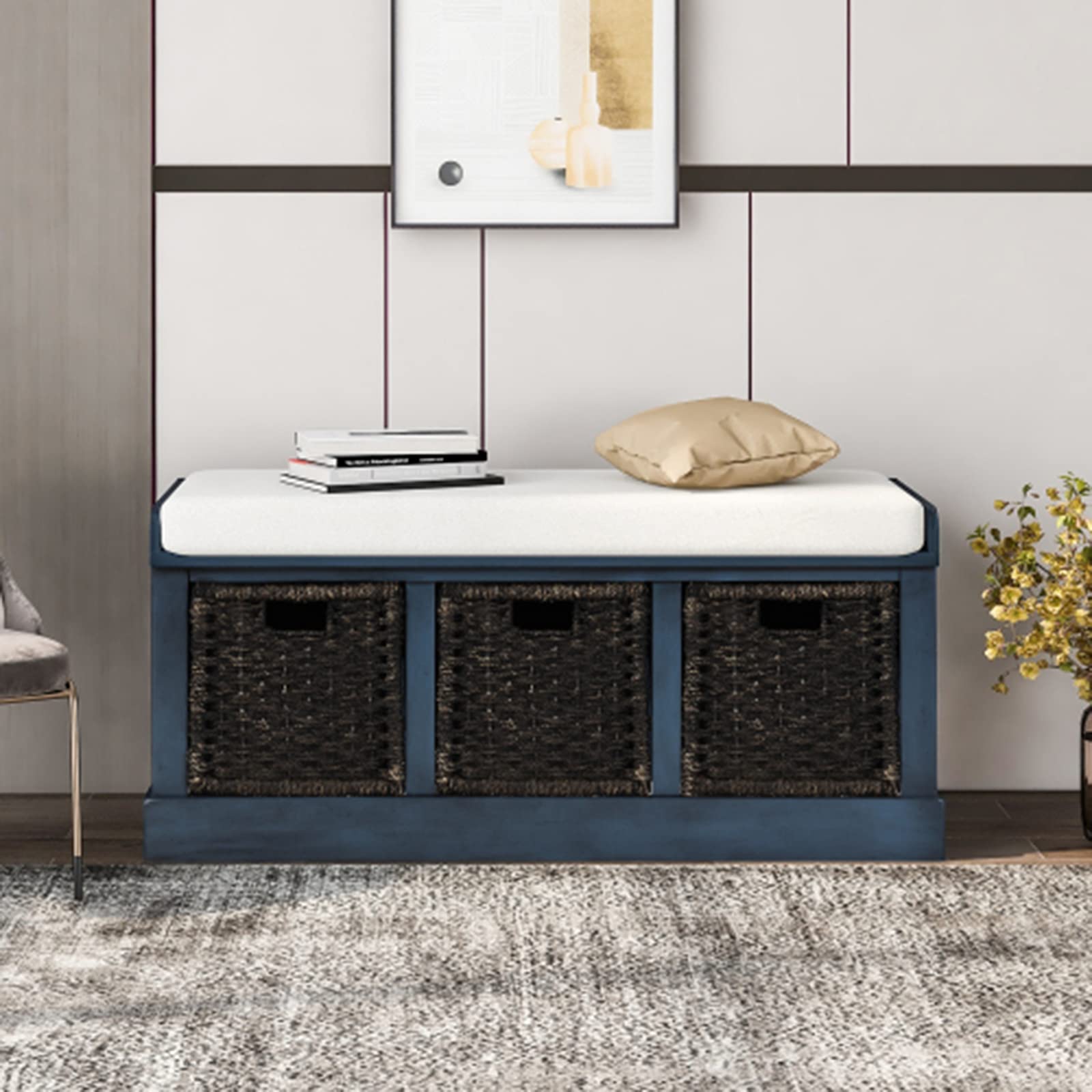 SLEERWAY Shoe Storage Bench with 3 Rattan Baskets & Removable Cushion - Farmhouse Entryway Bench for Mudroom, Living Room, Hallway - No Assembly Required - Perfect for Organizing Shoes, Hats & Home Decor