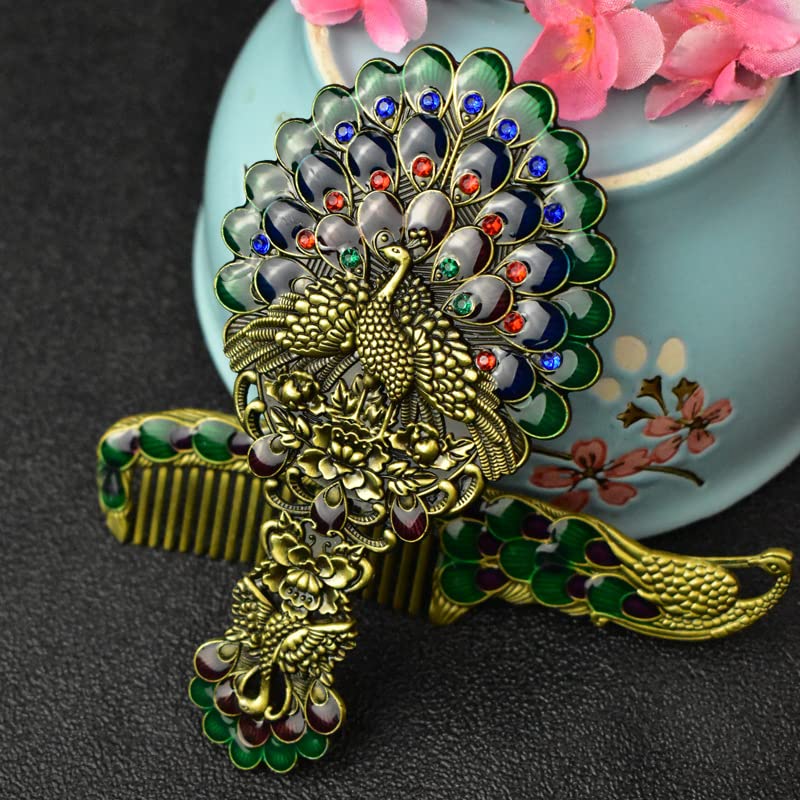 Vintage Peacock Handheld Mirror Set with Comb - Floral Embossed Vanity Mirror & Hair Brush, Antique Cosmetic Makeup Mirror for Women & Girls (Green) - Perfect for Dressing Tables, Bridal Gifts & Home Decor
