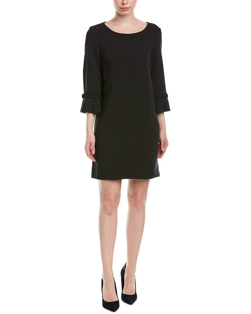Tahari by ASL Black Solid Crepe A-Line Dress with Pleated Sleeve Detail - Size 8 | Elegant Office Wear & Cocktail Party Dress for Women