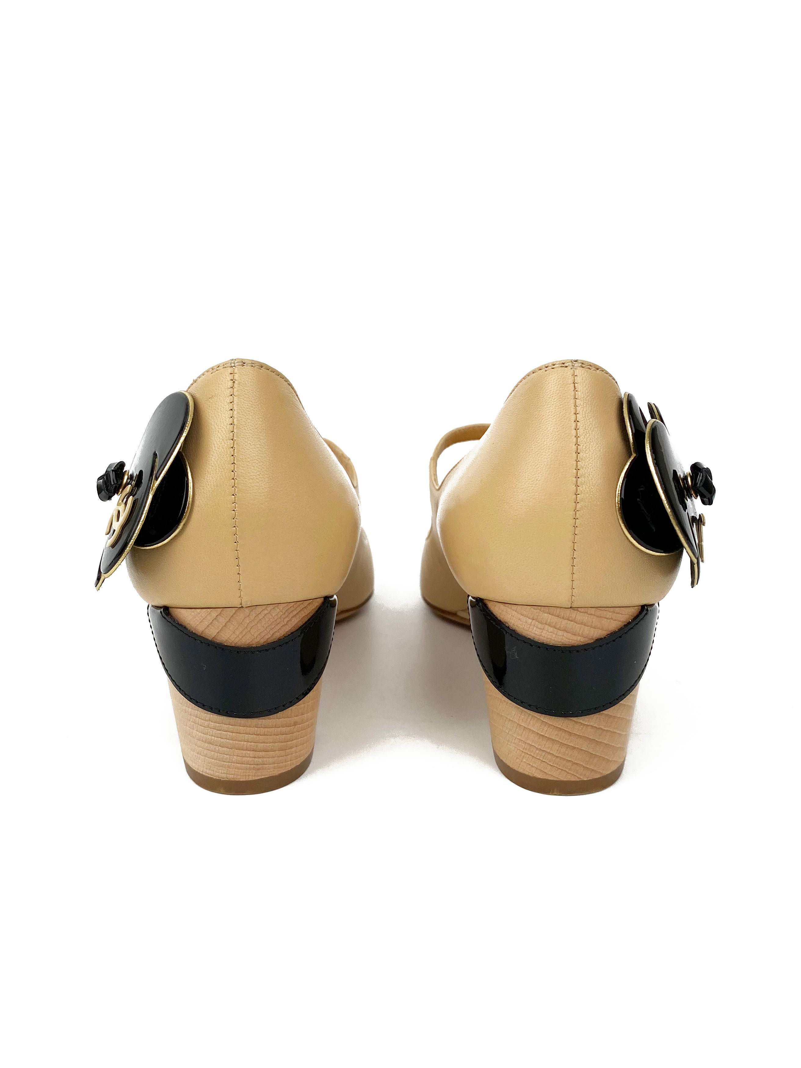 Chanel Nude & Black Leather Mary Jane Pumps with Camellia Flower Detail - Size 40 | Elegant Women's Dress Shoes for Weddings, Parties & Special Occasions