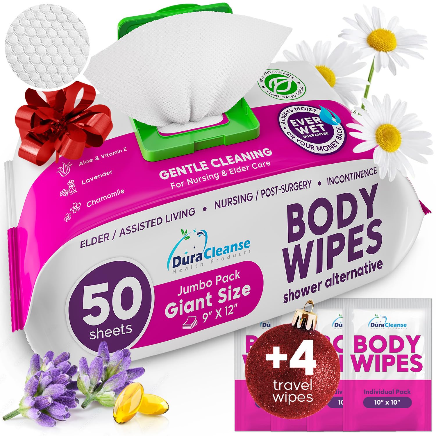 Extra Large Disposable Bath Wipes for Adults - No Rinse Cleansing (50 Count + 4 Travel Wipes) - 9