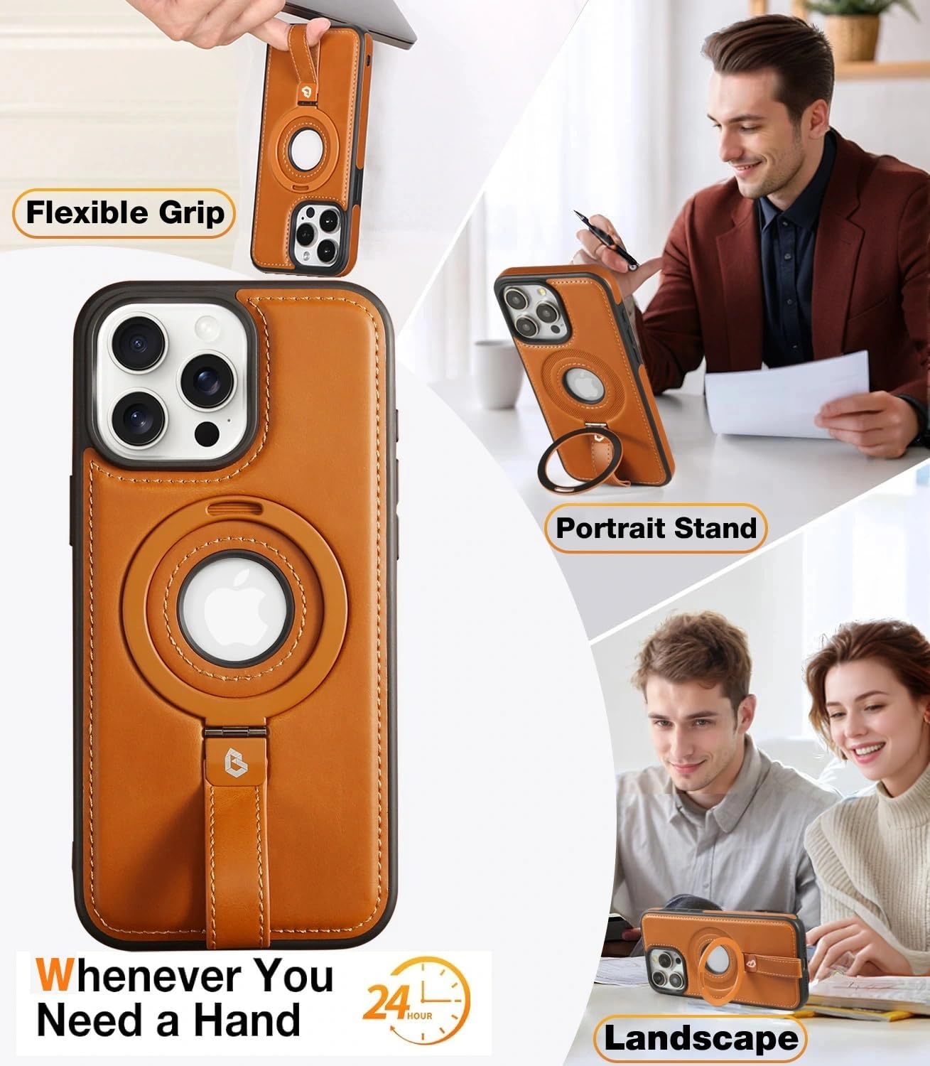 Magnetic Leather Case for iPhone 16 Pro Max with Screen Protector | Compatible with MagSafe | Built-in Kickstand & Grip Loop | Protective Cover for Men & Women (Brown) | Perfect for Work, Travel & Daily Use