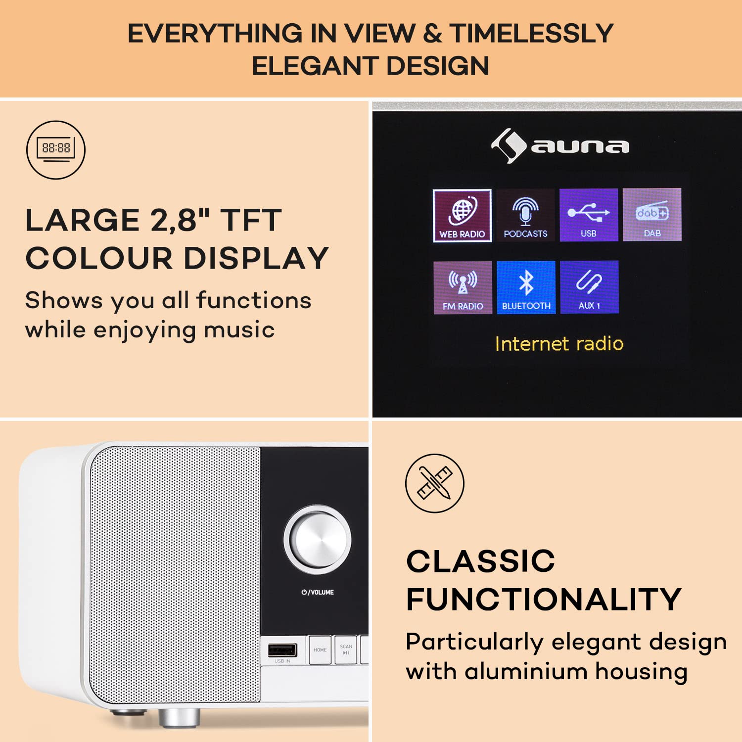Auna Rechargeable DAB/FM Digital Radio with Bluetooth 5.0 - 15W Stereo Speakers, TFT Display, Streaming Support & Alarm Clock - Portable Wireless Radio for Home, Office, Kitchen, Bedroom and Outdoor Use