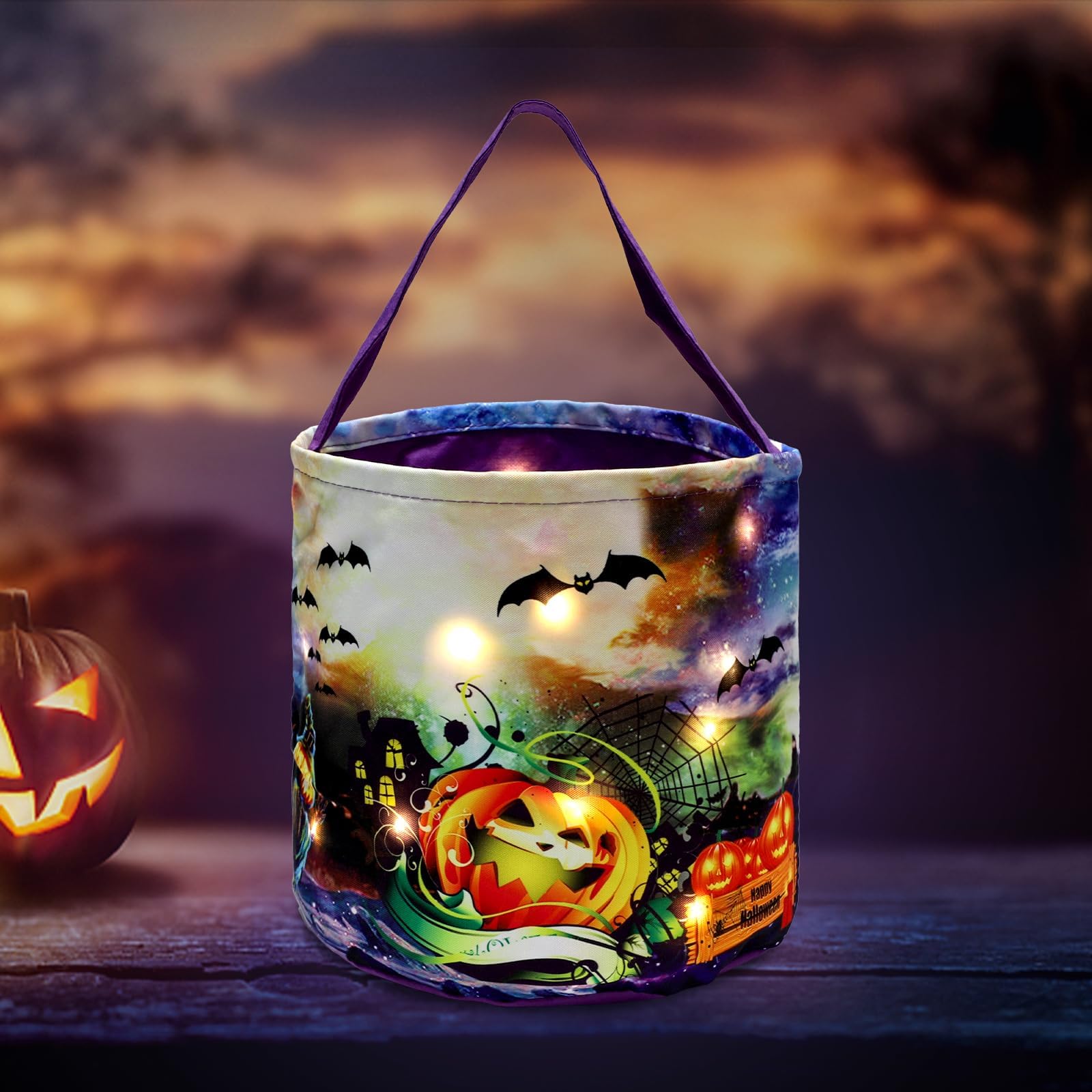 LED Light Up Halloween Trick or Treat Pumpkin Bucket - Collapsible Reusable Candy Basket for Kids, Fabric Gift Goody Bags - Perfect for Halloween Parties, Trick-or-Treating & Holiday Decor (Purple)