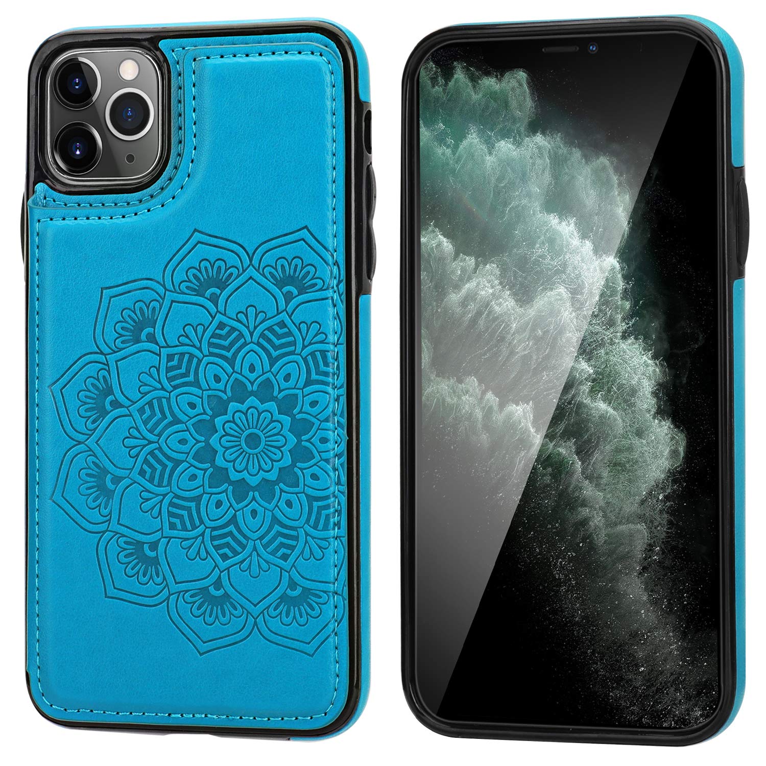 Premium PU Leather iPhone 11 Pro Max Case with Card Holder & Magnetic Closure - Embossed Mandala Design, Shockproof Protective Wallet Cover for iPhone 11 Pro Max 6.5