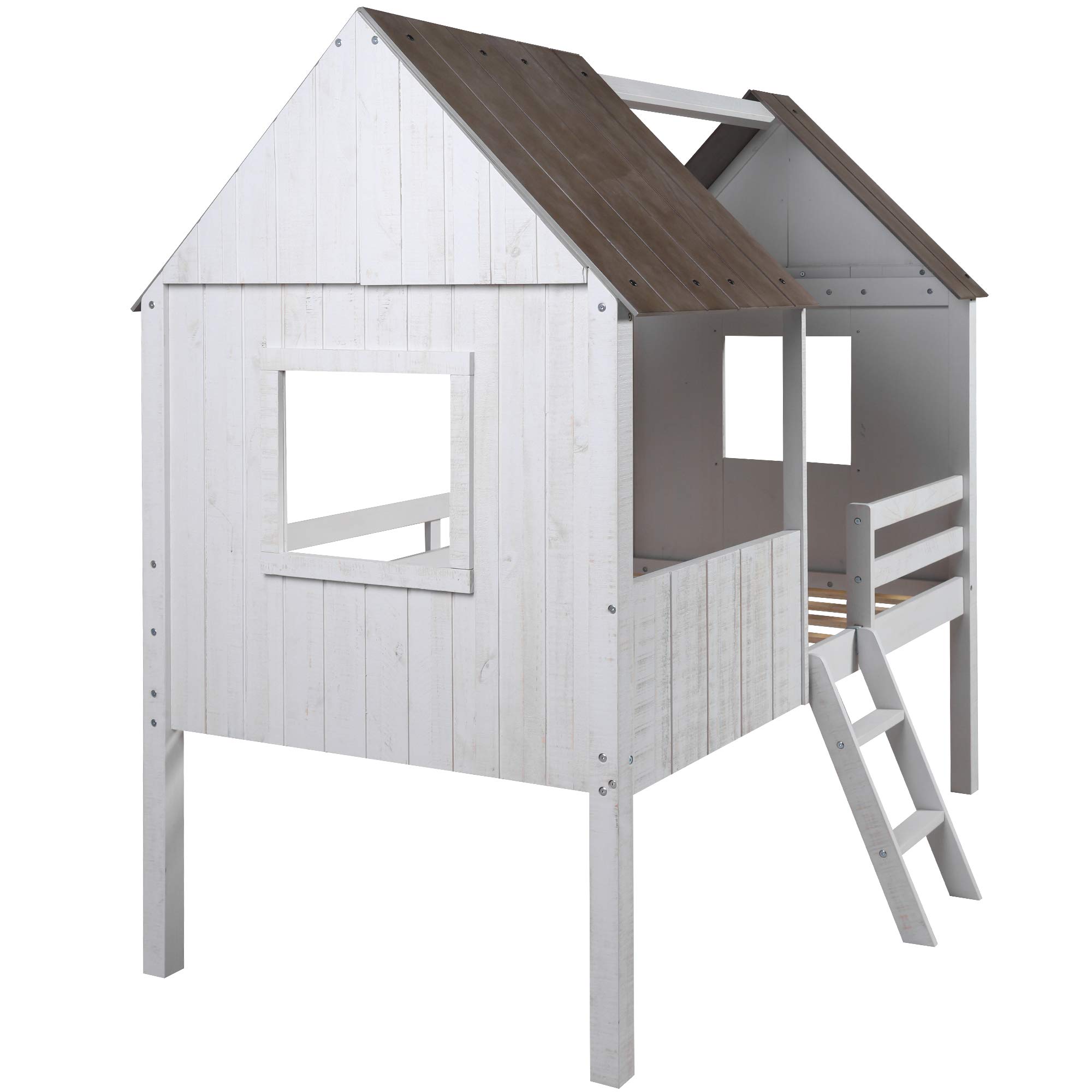 **Twin Size Low Loft Bed for Kids - Wooden House Bed Frame with Side Windows, Roof & Full-Length Safety Rails - Sturdy Ladder Included (Antique White) - Perfect for Small Bedrooms, Playrooms & Sleepovers**