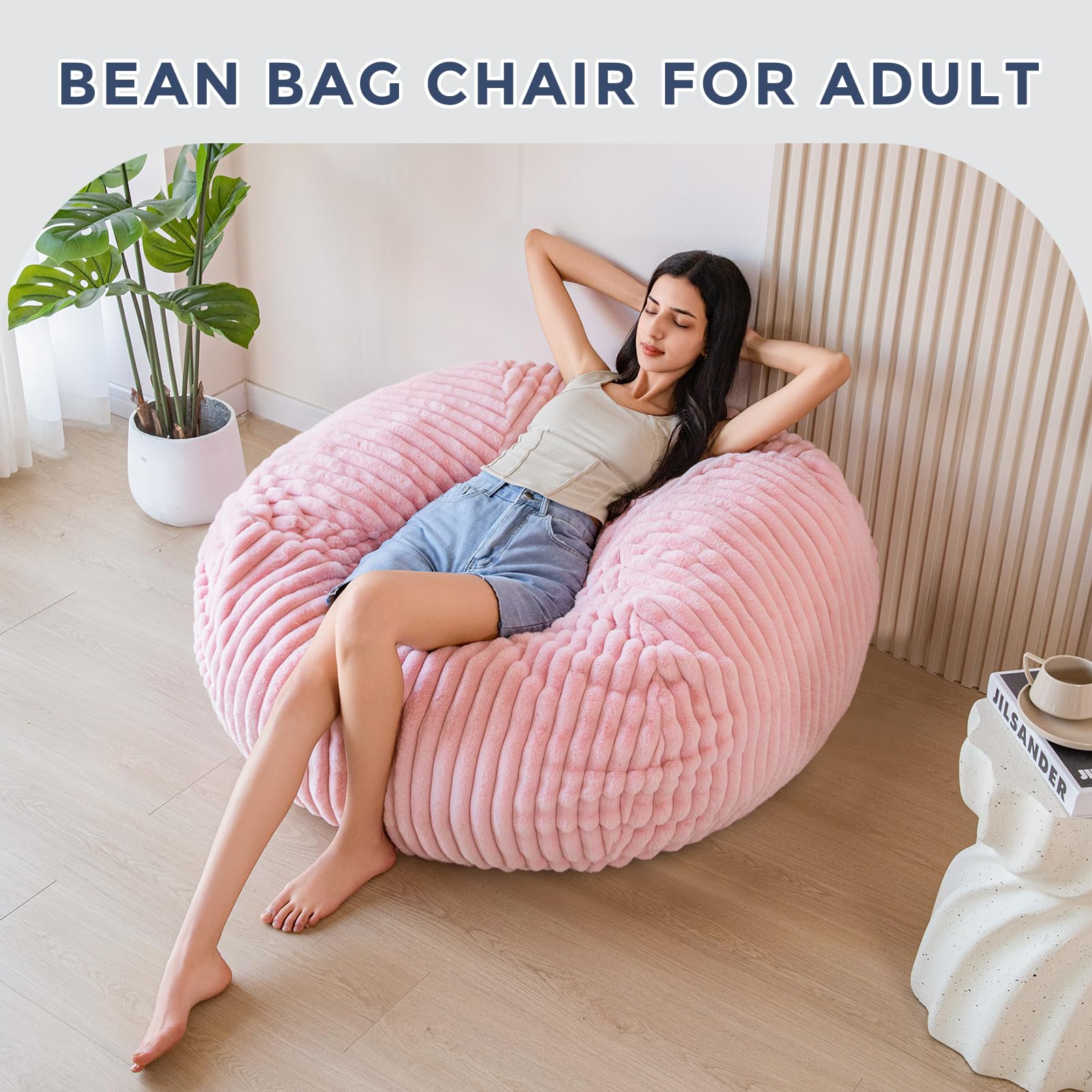 MAXYOYO 3ft Faux Fur Bean Bag Chair for Adults - Soft Striped Lazy Sofa for Living Room, Bedroom & Dorm (Pink) - Perfect for Relaxing, Gaming & Movie Nights