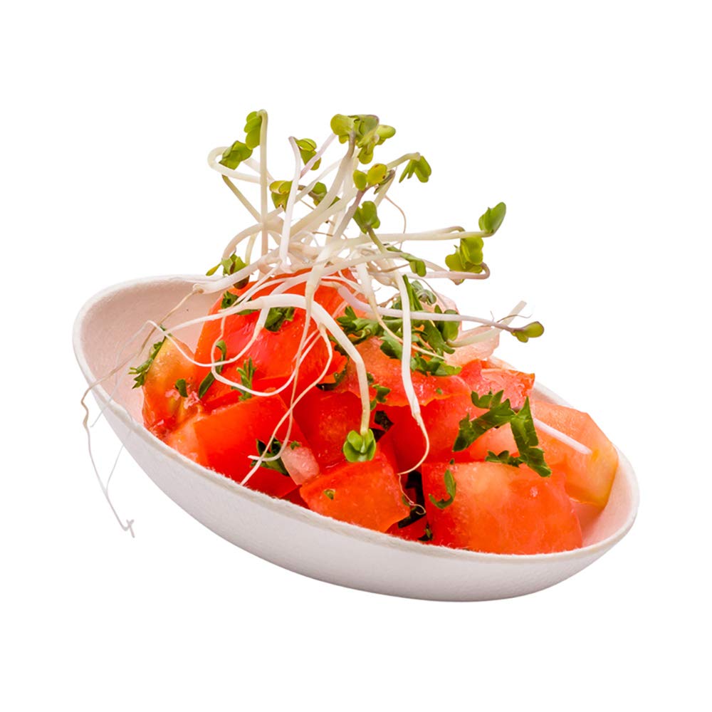 Restaurantware Pulp Tek 3.1 Inch Eco-Friendly Disposable Egg-Shaped Tasting Plates - 100-Pack White Bagasse Appetizer Dishes | Grease Resistant, Easy to Hold Mini Plates for Catering, Parties & Food Sampling Events