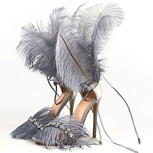XQDTM Rhinestone Embellished Women's Sandals with Real Feathers - Size 37 (Color E) | Elegant Summer Beach Wedding Party Shoes