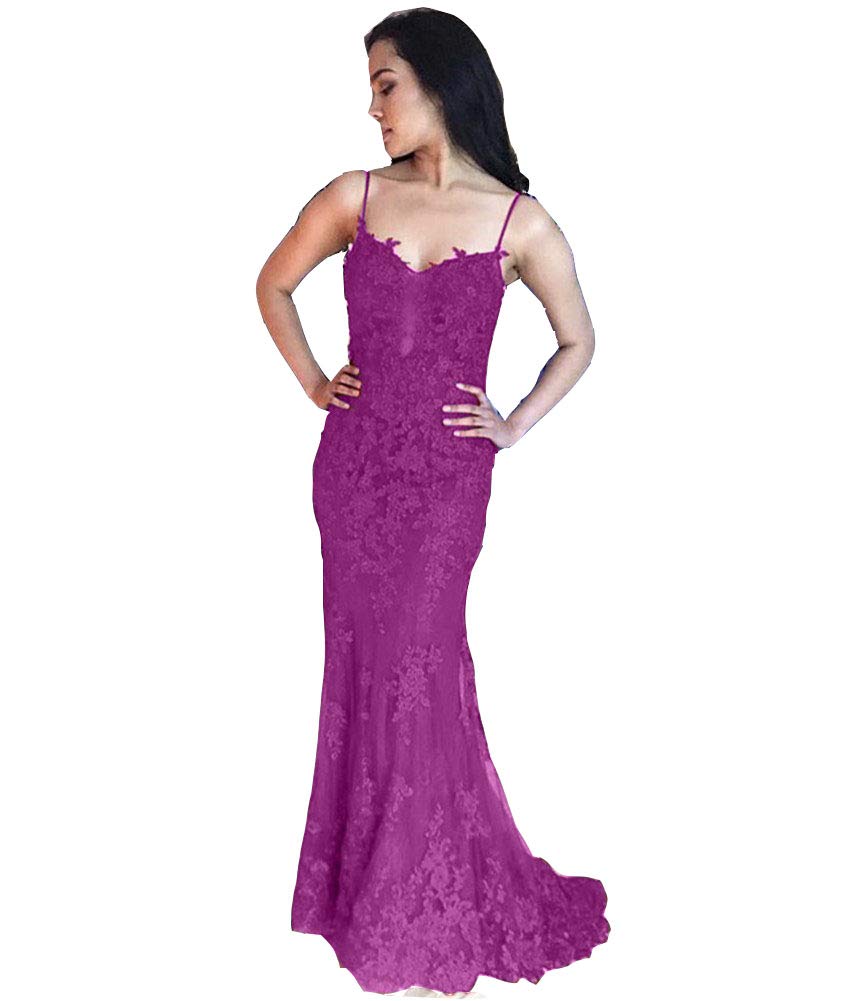 Elegant Women's Spaghetti Strap V-Neck Mermaid Prom Dress with Lace Detail in Purplish Red - Perfect for Formal Dances, Evening Parties and Special Occasions